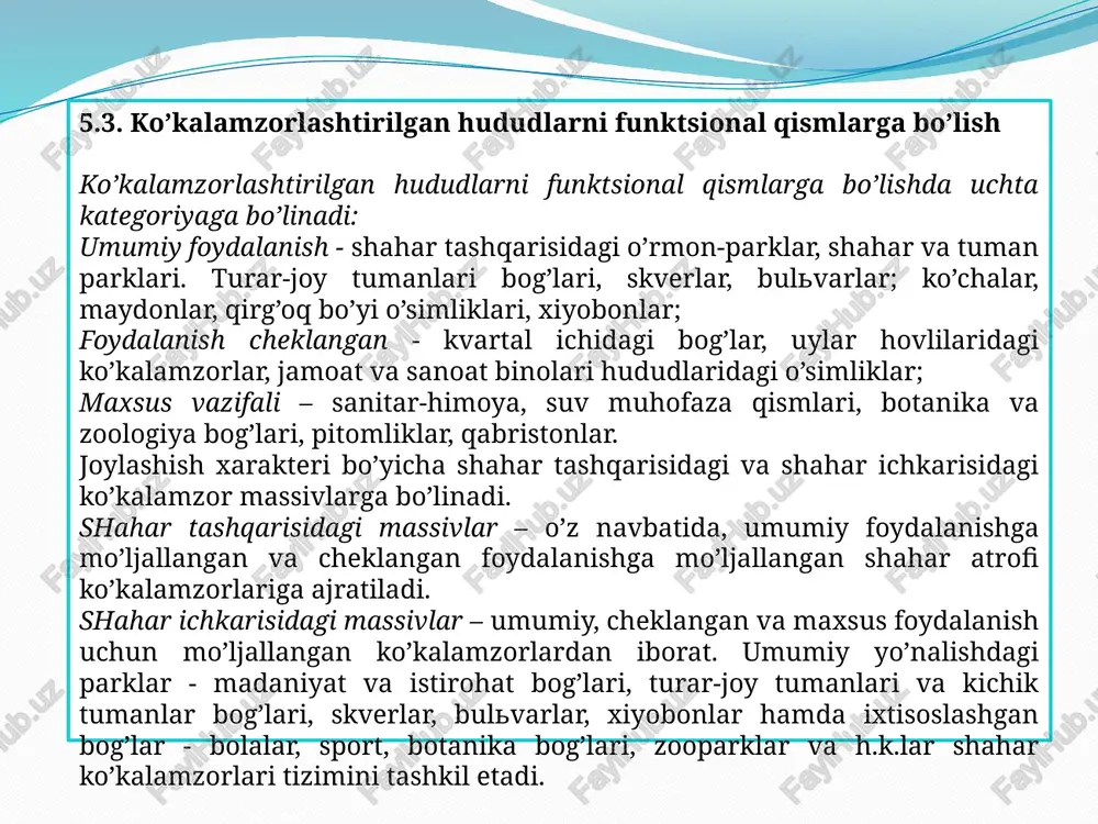 ha bo’yiga o’tqazilgan daraxtlar va butalar, binolar oldidagi daraxtlar, shuningdek uylarning fasadi va balkonlarini bezovchi o’simliklar. ko’chada va bino ichkarisida sanitariya–gigiena sharoitlarini yaxshilash uchun, shuningdek qisqa muddatli dam olish joyi sifatida mo’ljallangan. 10. ma’muriy va jamoat muassasalari oldidagi ekinlar – qisqa dam olish joyi va me’moriy bezatish elementi bo’lgan ko’kalamzorlashtirilgan uchastka. 11. ko’p qavatli uylar qurilgan turar-joy, mikrorayonlar va dahalardagi o’simliklar. dam olish va jismoniy tarbiya bilan shug’ullanish joylarni tashkil etish va sanitariya-gigienik sharoitlarini yaxshilash uchun mo’ljallangan. 12. o’rmon parklar - tabiiy va sun’iy yaratilgan massiv bo’lib, dam olish va jismoniy tarbiya -sog’lomlashtirish ishlari uchun foydalaniladigan hamda shahar va qishloq joylarning qurilish qilinmagan qismida joylashgan. 13. o’tloq park - xuddi o’rmon park kabi, faqat unda maysazor ko’proq qismini tashkil etadi. 14. ommaviy dam olish zonasi - shahar va qishloq qurilishdan tashqaridagi yashil massiv (ko’pincha aholi punktidan ancha katta masofada joylashadi), u yerda pansionatlar, palatkali lagerlar, sport inshootlari va dam oluvchilarga …