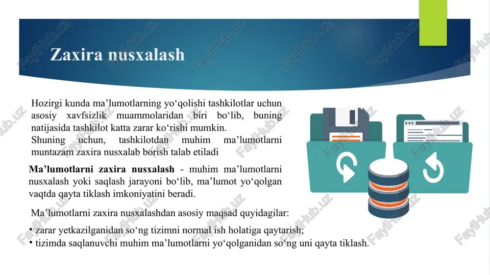 arni o‘chirish algoritmi mavjud va ma’lumotlarni tiklash ham ushbu algoritm asosida amalga oshiriladi. faylning zararlanishi agar ot zararlansa, ma’lumotlarni diskning qismlar jadvali yordamida tiklash mumkin. agar diskning qismlar jadvali ham zararlangan bo‘lsa, qayta tiklashning maxsus vositalaridan foydalanishga to‘g‘ri keladi. qattiq diskning fizik zararlanishi qattiq diskka fizik ta’sir bo‘lishi, faylni zararlanishiga qaraganda, katta yo‘qotishlarga sabab bo‘lishi mumkin. bu esa ma’lumotlarni qayta tiklashning maxsus sathidan foydalanishni talab etadi. zararlangan fizik diskdan ma’lumotlarni tiklash vaqtida, tiklash jarayonining muhiti turli ifloslanishlardan holi bo‘lishi zarur ma’lumotlarni qayta tiklash ma’lumotlarni qayta tiklashda quyidagilarni esda saqlash zarur: ma’lumotlar yo‘qolgan qattiq diskga qayta tiklangan ma’lumotlarni yozmaslik; turli zaxira nusxalarni amalga oshirish va ularni turli manzillarda saqlash; ma’lumotlarni qayta tiklash har doim ham 100% samara bermasligi. amalda saqlagichlardagi yo‘qolgan ma’lumotlarni tiklashda maxsus dasturiy vositalardan foydalaniladi. ularga recovery my files, easeus data recovery wizard, advanced disk recovery, handy recovery, r-studio, data recovery pro, recuva, total recall, pandora recovery kabilarni misol …