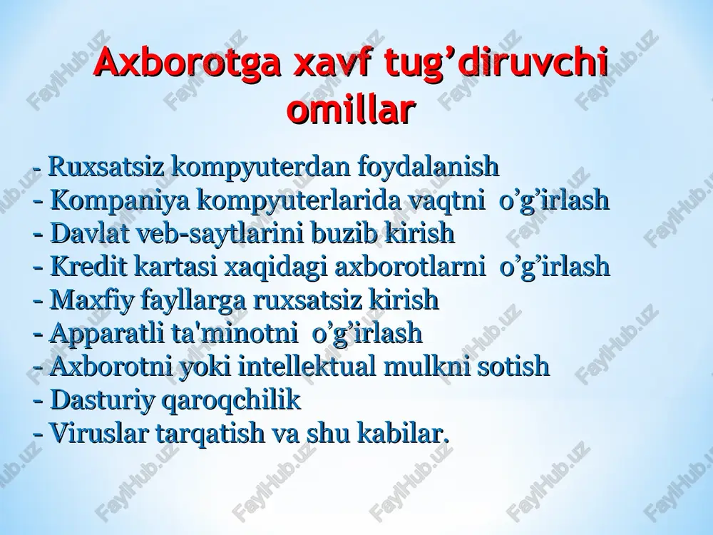 axlatxonalari kabi ekologik muammolar mavjud. noqonuniy harakatlar bilan shug'ullanuvchi insonlarga nisbatan ma'lum qonunlar qabul qilinishi kerak. bundan tashqari kompyuterlar va tarmoqlarning jamiyatga ta'sir ko'rsatishi bilan bog'liq turli axloqiy muammolar mavjud. 14a-* kompyuterdan boshqa tarmoqqa kirishda foydalanish xakerlarning motivlari ishqibozlik xakerligi moliyaviy xakerlik yovuzlik xakerligi xakerlik usullari tarmoqni passiv tinglash ijtimoiy injeneriya spufing kim kompyuter jinoyatlarini amalga oshiradi va yana kim shu ishga qo'l urushi xavfi bor? xakerlar: mustaqil katta tajribaga ega bo'lgan kompyuter foydalanuvchilari, ular kompyuterlar yangi imkoniyatlarini yaratishni yaxshi ko'radilar. kompyuter muammolarini hal qilishning aqlli yoki o'ziga xos usullarini topadilar. ular kuchsiz joylarini topishga va ularni yaxshilashga harakat qiladilar. ularning barchasi ham yovuz niyatli emas. misol uchun: «oq shlyapalar» - axloqiy xakerlik buzg'unchilar - odatda kompyuter telbalari, ular xursandchilik, daromad olish, to'sqinlik qilish yoki tovlamachilik maqsadida kompyuter tizimlarini buzadilar. atayin yovuzlik va axloqsizlik ularning motivlari. misol uchun: «qora shlyapalar» kiber to'dalar: o'z faoliyatlarini ma'lum motiv bilan boshqaradigan buzg'unchilar to'dasi …