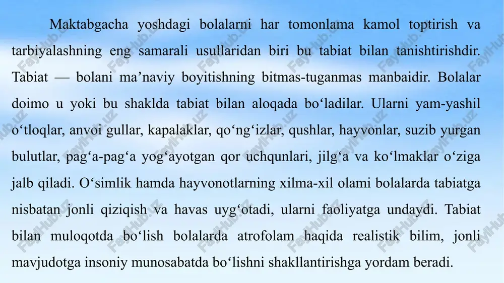 va yangi ixtirolar qilishga undaydi. markazda bolalar bilan birgalikda suv, qum, oʻsimliklar, predmetlar bilan tajribalar oʻtkaziladi. bolalar jonli va jonsiz tabiat bilan tanishadilar, jonli va jonsiz tabiatni farqlaydilar. bolalar tabiat materiallarini oʻrganish davomida fikrlaydilar, bilim orttirishga moʻljallangan oʻyinlar, ixtiro va kichik tajribalarni oʻzlari uchun kashf etadilar, ularda tabiiy tushunchalar shakllanadi. markazda hayotimiz davomida ishlatiladigan narsalarni qayerdan kelganligi,ularni nimadan olinganligi haqidagi bilimlarni olish orqali ularga boʻlgan munosabatlari ijobiy tomonga oʻzgaradi. masalan nonni dasturxonimizga kelishi, paxtaning chigitini ezish orqali undan yogʻ chiqishini bilish, tarvuzning urugʻida yogʻning yoʻqligini, piyozning ildizi bilan stakandagi suvga solib qoʻyilsa uni oʻsishi, urugʻlarni tuvaklarga sepish orqali ularni unib chiqishini koʻrish bolalar uchun juda qiziqarli. “fan va tabiat” rivojlantirish markaziga qoʻyiladigan talablar. 1. eng avvalo bolaning salomatligini saqlash omillari: toza havo, toza joy, normal harorat va yorugʻlik bilan taʼminlanadigan xonalar. 2. “fan va tabiat” rivojlanish markazining bolani noxush, kutilmagan hodisalardan saqlaydigan xavfsiz joyda boʻlishini taʼminlash. 3. “fan va tabiat”rivojlanish …