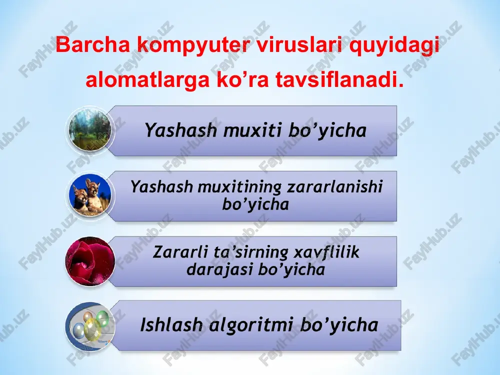 oniyatini ta`minlaydi. ro’yxatga olish markazi bilan yuridik va jismoniy shaxslar o’rtasidagi munosabatlar shartnoma asosida amalga oshiriladi. ro’yxatga olish markazining yuridik va jismoniy shaxslar uchun yaratilgan elektron raqamli imzolarning yopiq kalitlarini saqlashi hamda elektron raqamli imzo kalitining sertifikatini berish maqsadiga to’g’ri kelmaydigan ma`lumotlarni so’rab olishi taqiqlanadi. ro’yxatga olish markazlari faoliyatining tartibi o’zbekiston respublikasi vazirlar mahkamasi tomonidan belgilanadi. etiboringiz uchun raxmat - — y e ae | - = i _— “ a “4 ‘galt yashash muxiti bo’yicha l yashash muxitining zararlanishi y bo’yicha y zararli ta’sirning xavflilik darajasi bo’yicha y ge ishlash algoritmi bo’yicha yashash mixiti bo’yicha virus turlari ae yashash muxitini zararlanish darajasi bo’yicha virus turlari axborot resurslari uchun xavflilik darajasi bo’yicha virus turlari ishlash algoritmining xususiyatlari bo’yicha virus turlari yo’ldosh viruslar qurt viruslar talaba viruslar polimorf viruslar