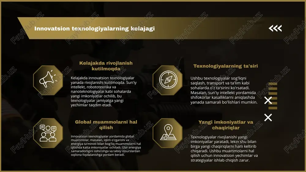 in. shuningdek, kiberxavfsizlik tahdidlari ham raqamli transformatsiya jarayonida muhim xavf tug'diradi. s o w t • innovatsion texnologiyalar zamonaviy rivojlanishni ta'minlab, ijtimoiy-iqtisodiy jarayonlarni takomillashtiradi. • sun'iy intellekt va avtomatlashtirish ish jarayonlarini samarali qiladi, yangi imkoniyatlar ochadi. • raqamli transformatsiya biznesni rivojlantirishda muhim rol o'ynaydi, xarajatlarni kamaytiradi va mahsulot sifatini oshiradi. • kelajakda innovatsion texnologiyalar iqlim o'zgarishi kabi global muammolarga yechimlar taklif etadi. xulosa q&a image1.jpeg image2.png image3.png image4.png image5.jpeg image6.png image7.jpg image8.png image9.png image10.png image11.jpeg image12.png image39.jpg image21.jpeg image22.png image23.png image24.png image25.png image26.png image13.jpeg image14.jpg image15.png image16.png image17.png image30.jpeg image35.jpeg image36.png image37.png image32.png image38.png v, anddadiail tian ay yn tn