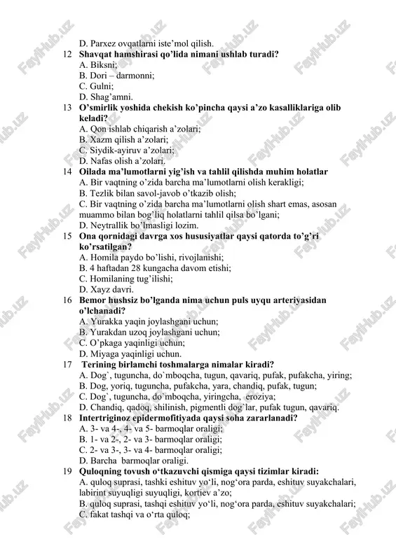 suyuqligi suyuqligi, kortiev a’zo; b. quloq suprasi, tashqi eshituv yo‘li, nog‘ora parda, eshituv suyakchalari; c. fakat tashqi va o‘rta quloq; d. kortiev a’zo va markazgacha bo‘lgan nerv yo‘li. 20 ovoz boylamlarining uzunligi? a. erkaklarda 20-22mm,ayollarda 18-20mm; b. erkaklarda 10-12mm,ayollarda 8-10mm; c. erkaklarda 24-28mm,ayollarda 20-22mm; d. erkaklarda 8-12mm,ayollarda 6-10mm.