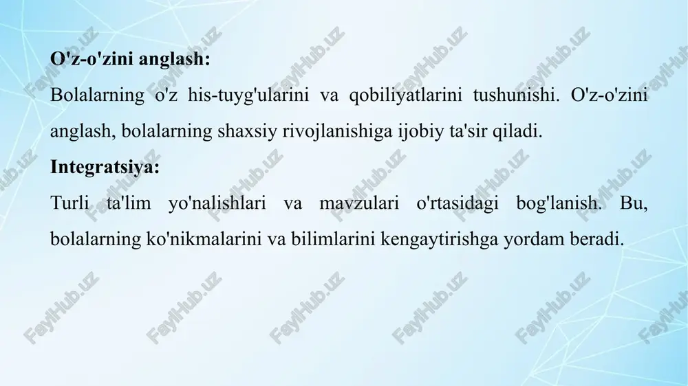 jarayoni (katta va kichik bilan frontal (kichik guruh) faoliyatni amalga guruhlarda) oshiradi. 9:00 — 9:40 @ kunning birinchi yarmida frontal faoliyatning 2 turi o'tkaziladi. kunning birinchi yarmida bunday faoliyat turlari (elementar matematika, fan va tabiatshunoslik/ ekologiya, nutq, o‘gish va yozish malakalarini rivojlantirish, musiqa, tasviriy faoliyat) ta’minlanishi kerak. wpe wf © w fb} @ kunning ikkinchi yarmidan keyin frontal faoliyatning 2 turi (konstruksiyalar tuzish/applikatsiya, loy, badiiy adabiyot)ni tashkil etadi. @ frontal faoliyat davomida jismoniy daqigqalar amalga oshiriladi. 8 6/11/29 ee8¢ ie w & 796%-o ju ® [j mtt kun tartibi.pdf - foxit reader @aiin(f) mpaska(e) bua(v) vkctpymetbi(t) kommehtapuu(c) @opmbi(m) sharepoint momou(h) a sz |ex - ik qadam_uzb. mtt kun tartibi. x > 6 9 kunning birinchi yarmi. hafta mavzusi bo‘yicha rivojlanish ® markazlarida bolalar tanloviga ko‘ra @ o‘yin asosidagi ta’lim va tarbiya jarayoni 9:40 — 10:30 a v pedagog bolalarning e’tiborini ular o‘zlari tanlagan holda rivojlanish markazlarida o‘ynashlari mumkin bo‘lganda jalb …