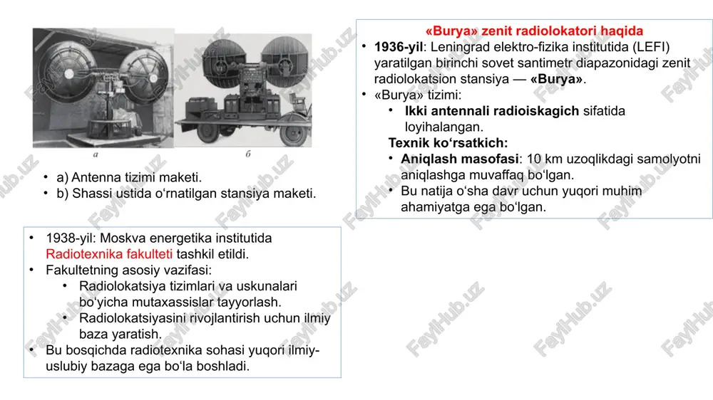 larni aniqlash uchun ishlab chiqilgan. «redut» rlsi xususiyatlari: ikki alohida stansiyadan iborat: rls «redut» 1934-yilda muvaffaqiyatli sinovdan o‘tkazildi. 1940-yilda qurolli kuchlar tasarrufiga qabul qilindi. texnik yechimlar: uzatuvchi va qabul qiluvchi antennalar alohida joylashtirilgan. bu konstruktsiya o‘sha davrdagi texnologik cheklovlar hisobga olinib tanlangan bo‘lib, sezgirlik va aniqlikni oshirishga xizmat qilgan. uzatuvchi blok ( "a"). qabul qiluvchi blok ( "b"). «rubin» zenit radioqidirgichining yaratilishi (1940-yil) 1940-yilda sssrda yuqori aniqlikka ega bo‘lgan «rubin» zenit radioqidirgichi ishlab chiqildi. ushbu tizim havo nishonlarining koordinatalarini aniq aniqlashga mo‘ljallangan edi. «rubin»ning afzalliklari: koordinatalarni yuqori aniqlikda o‘lchash imkoniyati. aerodinamika va balandlik aniqligi oldingi tizimlarga nisbatan sezilarli yaxshilangan. biroq, ikkinchi jahon urushi boshlanganligi sababli «rubin» radioqidirgichining ommaviy ishlab chiqarilishi to‘xtab qoldi va boshqa mudofaa loyihalariga ustuvorlik berildi. rasmda tasvirlangan zamonaviy uch koordinatali mobil rls rossiyaning ilg‘or ishlanmalaridan biridir: o‘lchov koordinatalari: azimut, masofa, balandlik. detsimetr diapazoni: to‘lqin uzunligi taxminan 10–100 sm. raqamli fazali antennali massiv (far): signalni dinamik boshqarish va …