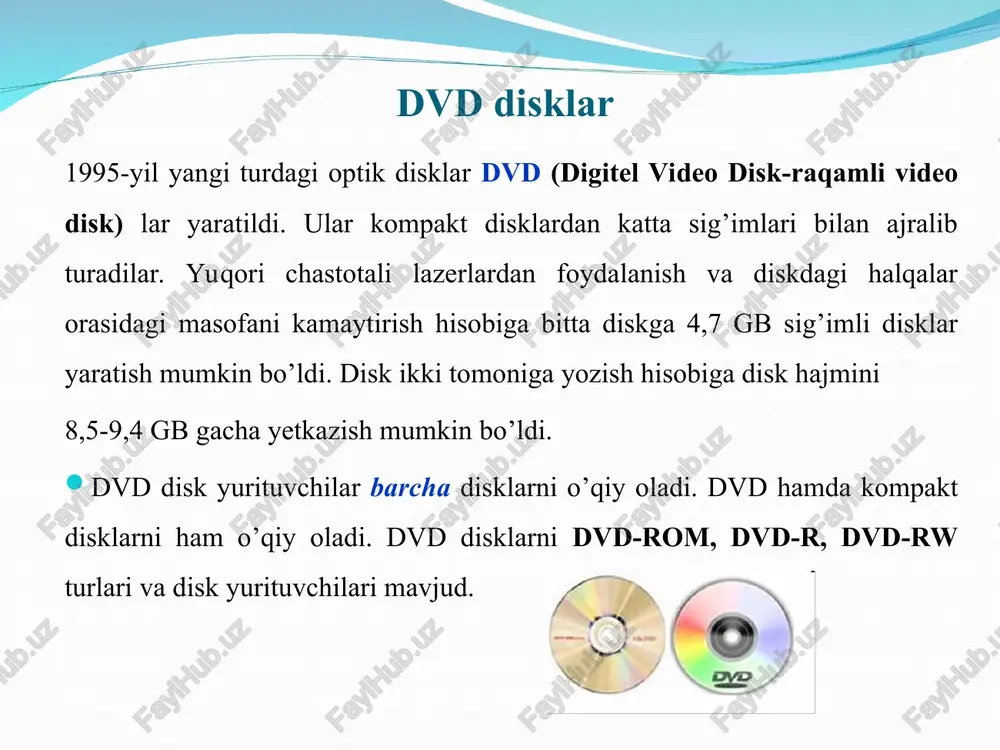 aylanish tezligiga ham bog’liq, disklar minutiga 5400, 7200 yoki 10.000 marta aylanishi mumkin. hozirgi paytda vinchester disklarining aylanish tezligi asosan 7200 ayl/min ga teng. 5400 ayl/min tezlikdan faqat noutbuk kompyuterlari uchun mo’ljallangan ba’zi vinchesterlarda ishlatiladi. 10000 ayl/min tezlik esa server kompyuterlar uchun mo’ljallangan vinchesterlarda ishlatiladi. texnologiyalarning rivojlanishi bilan vinchesterlar o’rnini bosuvchi ssd (solid state disc – qattiq holatdagi disklar) paydo bo’ldi. ularda axborot elektron mikrosxemalarda saqlanadi. bu mikrosxemalar tezkor xotira mikrosxemalari kabi bo’lib, ulardan farqli ravishda elektr ta’minotidan uzilganda ham o’zidagi axborotni saqlab qola oladi. hdd (hard disk drive) - qattiq disk yoki "vinchester" kompyuterdagi: operatsion tizim, programmalash translyatorlari va tillari, matn va grafik muharrirlar, drayverlar, dasturiy ta'minotlar, dasturlar, fayllar va boshqalarni doimiy saqlaydi. ibm turidagi barcha kompyuterlarda "vinchester" mavjud bo’ladi. "vinchester" kompyuterdagi bor qurilmalar (operativ xotiradan tashqari) ichida ma'lumotni eng tez yuqori qo’zg’alish (7-20 millisekund) va o’qish-yozishni 5 mbaytgacha tezligini ta'minlaydi. kompyuterdan foydalanuvchi "vinchester"ni asosan uch parametriga qarab aniqlab …