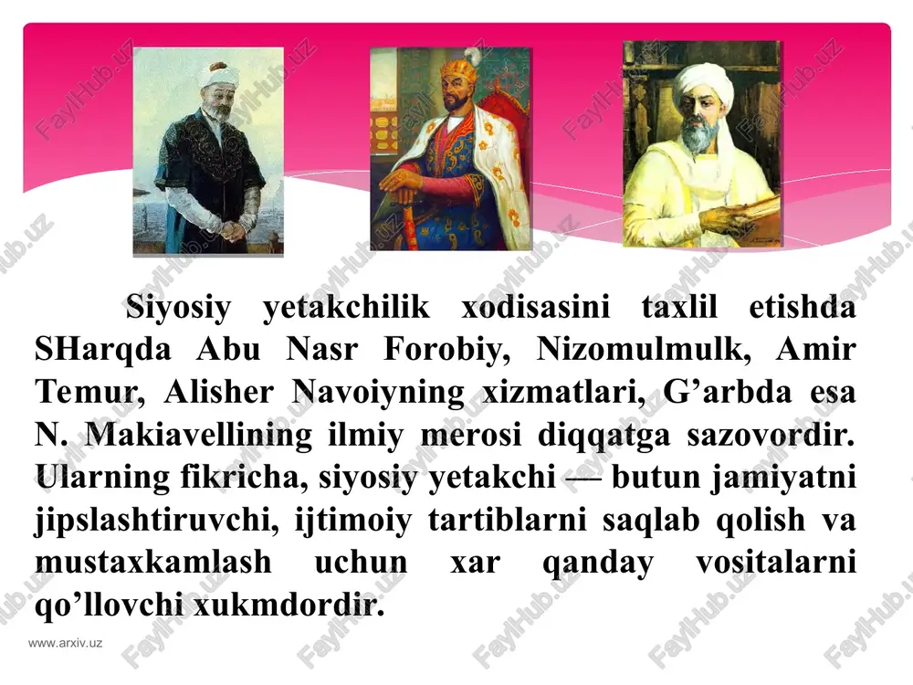 g oqilligi, qonuniyligi to’g’risidagi tasavvurlarga asoslanadi. chunki, jamiyat taraqqiyotidagi nisbatan tinch davrlarda tarixiy anhanalarni asrab-avaylovchi va zaruriy isloxotlarni amalga oshiruvchi ratsional-legal yetakchilarga ijtimoiy extiyoj, zarurat yuzaga keladi. ratsional-legal yetakchilik www.arxiv.uz www.arxiv.uz xozirgi zamon siyosatshunosligida yetakchilarning 4 ta yig’ma timsoli aytib o’tiladi: 1) bayroqdor yoki buyuk inson; 2) xizmatchi; 3) savdogar; 4) o’t o’chiruvchi. yig’ma timsoli www.arxiv.uz www.arxiv.uz yetakchilarning vazifalari ular faoliyatining bosh yo’nalishidir. vazifalar doirasi siyosiy tartibot, fuqarolik jamiyatining yetukligi, axoli turmush darajasi kabi omillarga bog’-liq bo’lib, birinchidan, jamiyatdagi vaziyatni taxlil etish va baxolashni mo’ljallovchi tashxisni; ikkinchidan, ijtimoiy muammolarni xal etishga xizmat qiluvchi faoliyat yo’nalishi va dasturini aniqlashni; uchinchidan, maqsadlarni amalga oshirish uchun ijrochilarni (amaldor shaxslar, omma) safarbar etishni qamrab oladi. yetakchilarning vazifalari www.arxiv.uz www.arxiv.uz o’zbekistondagi xozirgi siyosiy yetakchilikning o’ziga xos jixatlari xususida xorijlik mutaxassislarning xam fikr-muloxazalari ehtiborga loyiq. o’zbekistondagi siyosiy tizim va boshqaruvdagi xususiyatlarni taxlil qilish, ularning fikrlaricha, bu yerdagi yetakchilikda ijtimoiy-siyosiy vaziyat taqozo etayotgan o’ziga xos avtoritarizmni xam, …