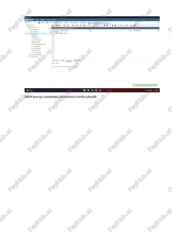 )3 foreign data wrappers > & languages > © publications > & schemas (1) > ~ subscriptions > & login/group roles > &, tablespaces data output explain messages notifications insert © 1 query returned successfully in 41 msec. y query returned successfully in 41 msec.