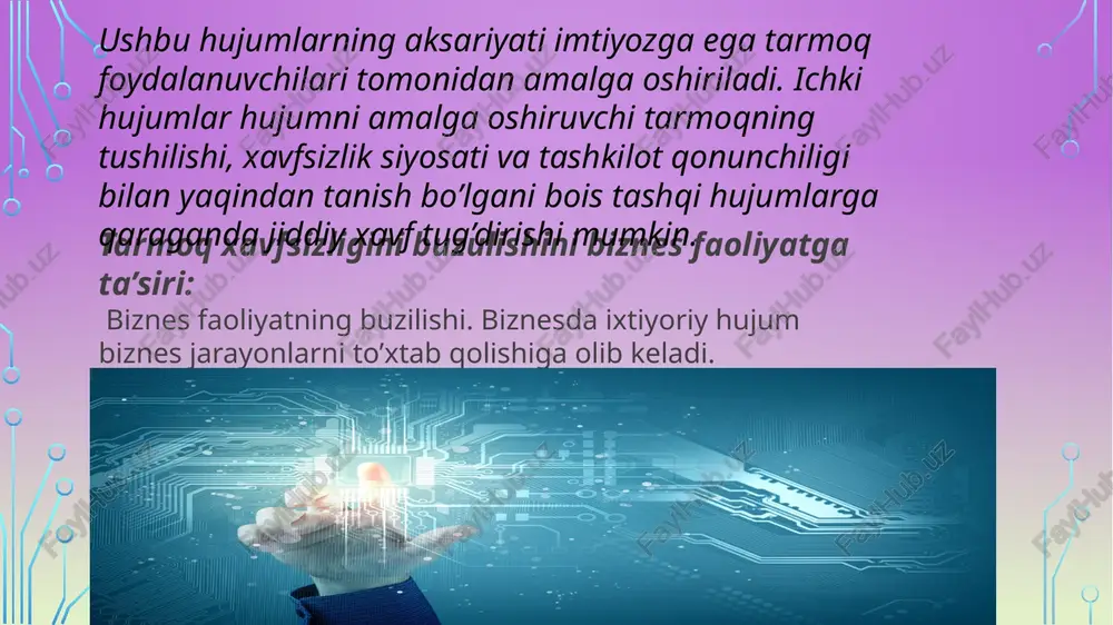 umkin. zaxira nusxalar saqlanuvchi vositalarni tanlash saqlanuvchi zaxira ma’lumotning turiga bog’liq bo’ladi. zaxira nusxalarni saqlovchi vositalarni tanlash quyidagi omillarga asoslanadi: narx: har bir tashkilot o’zining byudjetiga mos bo’lgan zaxira nusxalash vositasiga ega bo’lishi shart. saqlanuvchi ma’lumot hajmidan katta hajmga ega vositalarga ega bo’lish ortiqcha sarf xarajatni keltirib chiqaradi. - ishonchlilik: tashkilotlar o’z ma’lumotlari buzilishsiz ishlaydigan ma’lumotlarni zaxira saqlash vositalarida saqlanishiga ega bo’lishlari kerak. tashkilotlar bu o’rinda yuqori ishonchlilik, buzilmaydigan ma’lumotlarni saqlash vositasini tanlashi shart bo’ladi. tezlik: tashkilotlar zaxira nusxalash jarayonida inson aralashuvini imkoni boricha kam talab etadigan saqlash vositalarini tanlashi kerak. agar mashina ishlamaydigan vaqtda zaxira nusxalash jarayoni tugallanmasa, bu holda tezlik muammosi kuzatiladi. - foydalanuvchanlik: ma’lumot yo’qolgandan yoki zararlangandan so’ng zaxira nusxalash vositasidan foydalanish vaqtida muammolar bo’lishi mumkin. shuning uchun, tashkilotlar zaxira nusxalash vositalarini har doim foydalanishga yaroqli bo’lishiga e’tibor qaratishi kerak. - qulaylik: tashkilot foydalanish uchun oson bo’lgan zaxira nusxalash vositasini tanlashi shart. bu esa o’z navbatida zaxira …