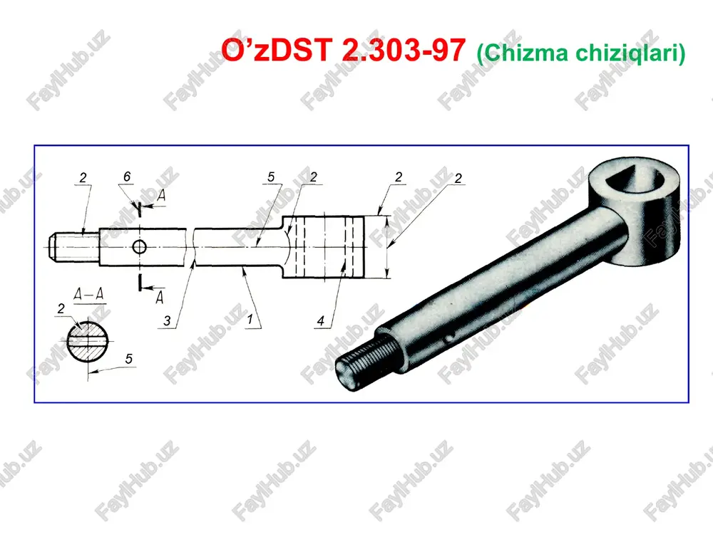 lar, qiymat yuqori o'ng burchagida esa gradus belgisi chiqadi. autocadda o'zdst 2.307-96 asosida o'lcham qo'yishni standartlash autocadda o'zdst 2.307-96 asosida o'lcham qo'yishni standartlash autocadda o'zdst 2.307-96 asosida o'lcham qo'yishni standartlash autocadda o'zdst 2.307-96 asosida o'lcham qo'yishni standartlash autocadda o'zdst 2.307-96 asosida o'lcham qo'yishni standartlash o'zdst talablariga moslashtirilgan autocad ish stoli muhitini saqlab qolish imkoniyati mavjud bo'lib, buning uchun: 1. «menyu satri»dagi «fayl» / «soxranit kak» bandi tanlanadi. 2. ekranga «soxranenie cherteja» - «chizmani saqlash» oynasi chiqadi (tasvir 10.32). 3. oynadagi «tip fayla:» - «fayl turi:» menyusi orqali «shablon cherteja autocad (*.dwt) bandi tanlanadi. 4. oynaning «imya» - «nomi» bo'limidan «acadiso» tanlanadi va «soxranit» - «saqlash» tugmasi bosiladi. o'zdst talablariga moslashtirilgan autocad ish stoli muhitini saqlab qolish e'tiboringiz uchun rahmat! image9.emf _________microsoft_word1.docx image10.png image11.jpeg image12.jpeg image13.jpeg image14.jpeg image15.png image16.jpeg image17.jpeg image18.png image19.png image20.png image21.png image22.png image23.png image24.png image25.png image26.png image27.png image28.png image29.jpeg image30.jpeg image31.png image32.emf _________microsoft_word2.docx image33.png image34.png image35.png image36.png image37.png …