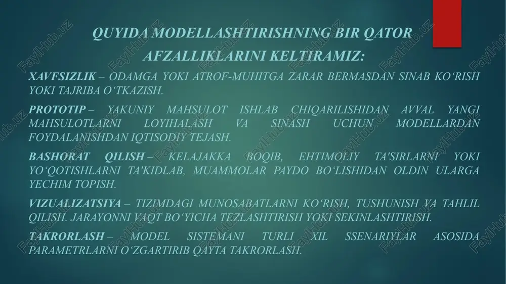 r xil tipdagi nanotrubkalarni sintez qilish uchun kompyuter modellaridan foydalanish qo‘l keladi. qishloq xo‘jaligi va toza ichimlik suvi muammosini yechishda – dengiz va dunyo okeanlaridagi suvni filtrlash va iqtisodiy samarador filtrlarni kashf qilishda. filtrlarni turli xil dizaynlarini shakllantirish va kompyuter modellari yordamida sinab ko‘rish muammoga yechim topishni tezlashtiradi. farmakologiyada – turli xil kasalliklarga qarshi dorilar ishlab chiqishda. kasalliklarga asosan oqsillar funksiyasining buzilishi va turli xil mutatsiyalar sabab bo‘ladi. oqsil va dorilarni bir-biri bilan ta'sirini tadqiq qilish hamda oqsil faolligini o‘zgartirish uchun dorilarni optimal tarkib va o‘lchamlarini aniqlashda kompyuter modellari eng qulay vositadir. mashinasozlik va samolyot sanoatida – samarali aerodinamik dizaynni yaratishda. masalan, mashina va aviatsiya sanoatlarida qarshilikni kamaytirish orqali yoqilg‘i tejamkorligiga erishish asosiy vazifa hisoblanadi. albatta, kompyuterda modellashtirish yordamida havo qarshiligini kamaytiradigan optimal dizaynlarni ishlab chiqish mumkin. bu esa o‘z navbatida ishlab chiqarishga sezilarni ta'sir ko‘rsatadi va iqtisodiy samaradorlikka erishish uchun muhim rol o‘ynaydi. demak, komyuterda modellashtirish yordamida tajriba qilmasdan …