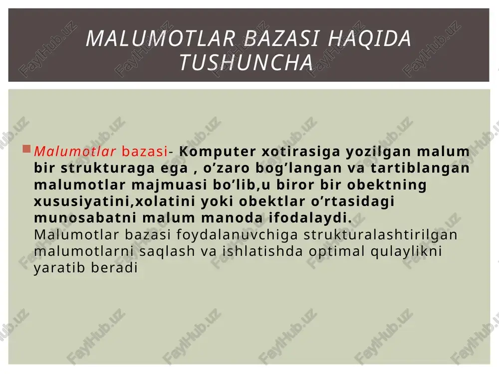shlab chiqilganki, ular ob'ektga yo'naltirilgan ma'lumotlar bazalarining xususiyatlariga ham ega. ma'lumotlar bazasi triggerlari haqida o'ylab ko'ring. bu ma'lumotlar bazasida oldindan belgilangan harakatlar sodir bo'lganda avtomatik ravishda boshlanadigan dastur. masalan, yozuvni kiritish dasturchini o'ylamasdan darhol barcha turdagi tekshiruvlarga olib kelishi mumkin. ma'lumotlar bazasini yaratish image2.jpeg /docprops/thumbnail.jpeg