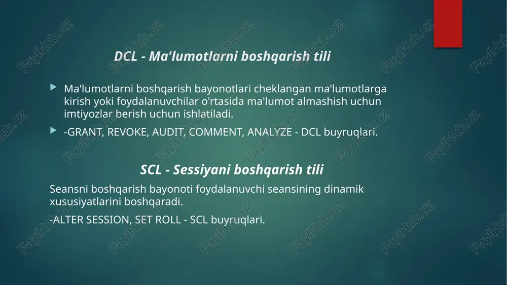 ta'sir ko'rsatmaydi. ning ba'zi nostandart ilovalari ba'zi ma'lumotlar bazalarida taqdim etilgan sintaksis select kabi doimiy effektlarga ega bo'lishi mumkin . so'rovlar foydalanuvchiga kerakli ma'lumotlarni tavsiflash imkonini beradi, ma'lumotlar bazasini boshqarish tizimini (dbms) rejalashtirish , optimallashtirish va o'zi xohlagan tarzda ishlab chiqarish uchun zarur bo'lgan jismoniy operatsiyalarni bajarish uchun qoldirib ketadi. so'rov odatda kalit so'zdan keyin yakuniy natijaga qo'shiladigan ustunlar ro'yxatini o'z ichiga oladi . yulduzcha (" *") so'rov so'ralgan jadvallarning barcha ustunlarini qaytarishi kerakligini belgilash uchun ishlatilishi mumkin. selectsql-dagi eng murakkab ibora bo'lib, ixtiyoriy kalit so'zlar va bandlarni o'z ichiga oladi: quyidagi misol kitoblar ro'yxatini va har bir kitob bilan bog'langan mualliflar sonini qaytarish orqali bir nechta jadvallar, guruhlash va yig'ish so'rovini ko'rsatadi. isbn ikkita jadvalning yagona umumiy ustun nomi va sarlavha nomli ustun faqat kitob jadvalida mavjud bo'lishi sharti ostida yuqoridagi so'rovni quyidagi shaklda qayta yozish mumkin: quyi soʻrovlar so'rovlar bir so'rov natijalari boshqa so'rovda aloqa operatori yoki yig'ish …