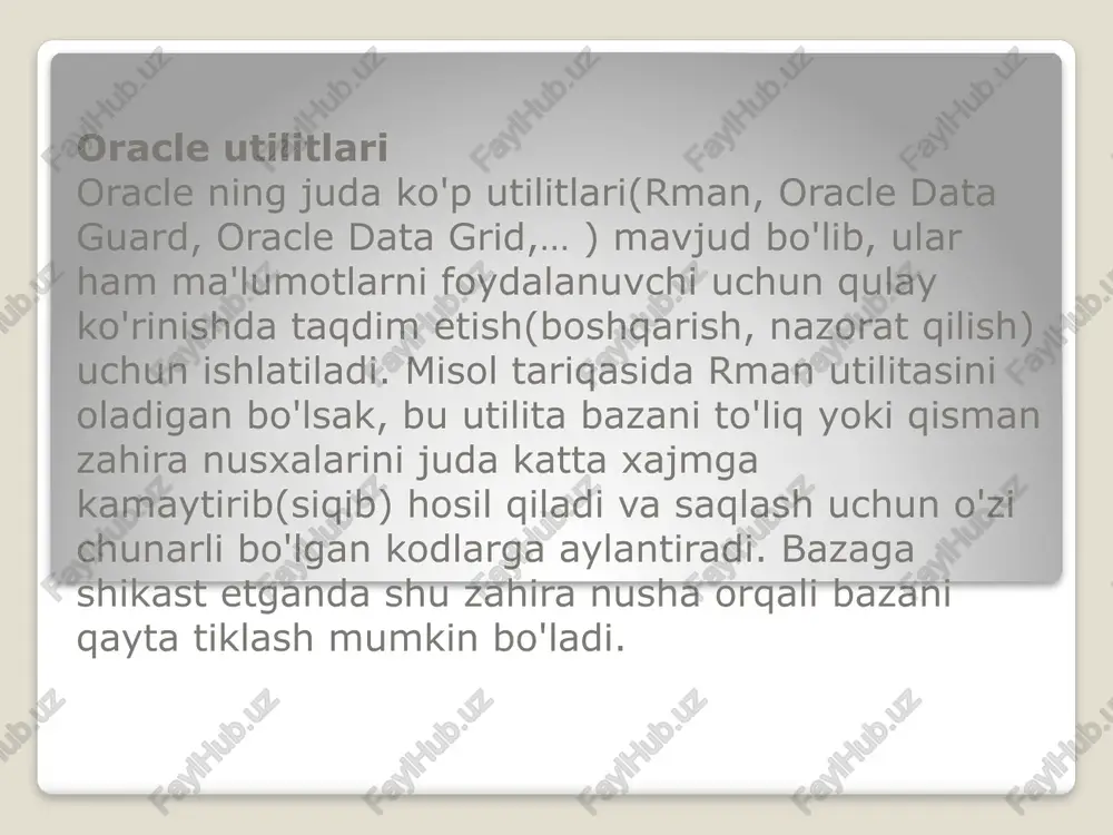 chiqdim. intersect va minus buyruqlarini qaysi holatlarda ishlatilishini bilib oldim. oracle dasturida “fakultet” relyatsion ma’lumotlar bazasini yaratish jarayonida bir qancha qiyinchiliklarga duch keldim. shunga qaramay xatoliklarni bartaraf etib, ko’zlangan natijaga erishdim. ma'lumotlar bazasining jadvallari massiv ko'rinishida bo'lib, ular satr va ustunlardan iborat bo'ladi. jadval tuzilgandan keyin uni to'ldirishga kirishish mumkin. jadvallar create table komandasi bilan yaratiladi. bu komanda qatorlarsiz bo'sh jadval yaratadi. create table komandasi jadval nomini va jadval o'zini ma'lum tartibda ko'rsatilgan ustunlar nomlari ketma - ketligi ta'rifi ko'rinishida aniqlaydi. u ma'lumotlar tiplari va ustunlar o'lchovini aniqlaydi. har bir jadval juda bo'lmaganda bitta ustunga ega bo'lishi kerak. jadvallar bilan ishlash create table komandasi sintaksisi: create table ( [( )], [( )], ... ); - jadval nomi - maydon nomi [( ) maydon turi va o’lchami argument qiymati kattaligi ma'lumot turiga bog'liqdir. agar siz maxsus ko'rsatmasangiz, tizim avtomatik qiymatni o'rnatadi. jadvallar bilan ishlash jadvalni o'chirish imkoniga ega bo'lish uchun, jadval …