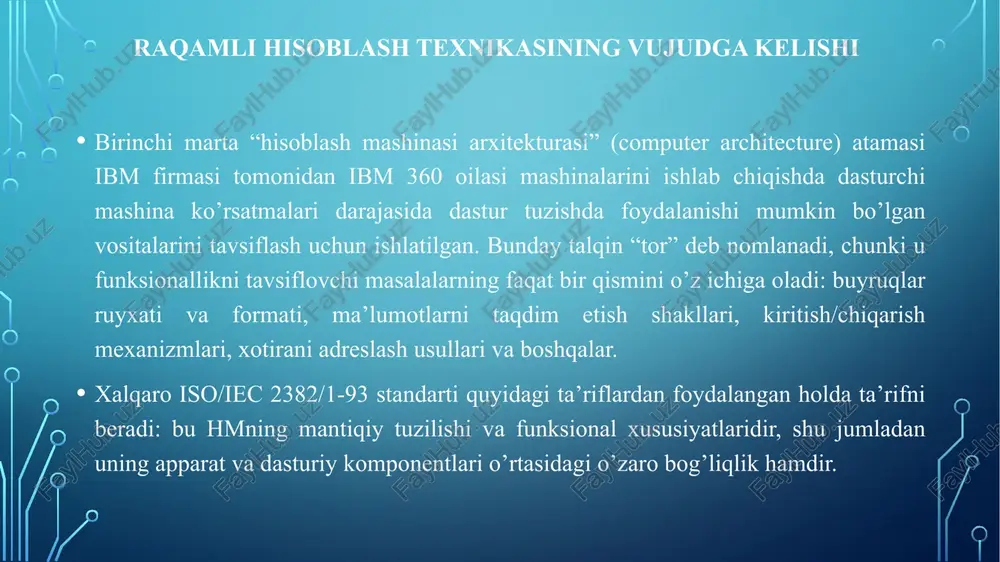 n, barcha htlarning juda katta integral sxemalari (jkis) to’rtinchi avlod tasnifi so’nggi yillarda sodir bo’lgan ht arxitekturasidagi tub o’zgarishlarni aks ettirmaydi. bunday o’zgarishlarning rolini ma’lum darajada kuzatib borish uchun biroz boshqacha talqinni qo’llaymiz. htlarning olti avlodi mavjud. eng muhim voqialarni keltirib, ularning har birini qisqacha tavsiflashga harakat qilamiz. kompyuterning yaratilish bosqichlari 1-avlod, 1950 yillar: elektron vakuumli lampalardagi exm; 2-avlod, 1960 yillar; diskret yarimo‘tkazgichli asboblardagi exm (tranzistorlardagi); 3-avlod, 1970 yillar; yarimo‘tkazgichli kichik va o‘rta integral sxemalardagi kompyuterlar (bitta g‘ilof ichida yuzlab – minglab tranzistorlar joylashtirilgan). integral sxema – maxsus vazifalar uchun mo‘ljallangan elektron sxema, u yaxlit yarimo‘tkazgichli kristal sifatida bajarilgan bo‘lib, o‘zida katta sondagi aktiv elementlarni (diod va tranzistorlarni) birlashtiradi; 4-avlod, 1980-90 yillar; katta va juda katta integral sxemalardagi kompyuterlar, ularning asosiysi – mikroprotsessorlar (bitta kristalda o‘n mingta’lab – millionlab aktiv elementlar mavjut). katta integral sxemalarda aktiv elemantlar shunchalik zich joylashtirilganki, 1-avlod kompyuterining barcha elektron qurilmalari 100 – 150 m2 maydonni …