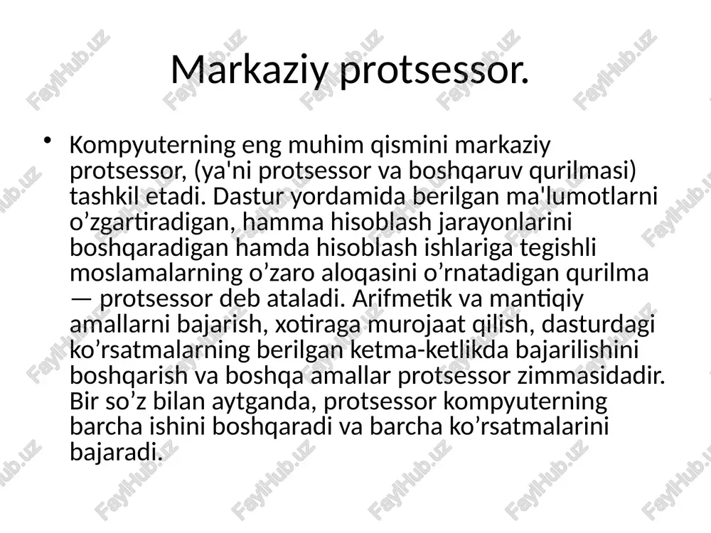 va x.k. tartib rakamlari bilan nomerlanadi. yacheykaning nomeri shu yacheykaga yozib kuyiladi va baytning adresi deyiladi. shunga e'tibor beringki, yacheyka (bayt) adresi va yacheykaga joylashgan axborot (bayt kiymati) bir xil narsa emas. yacheyka adresi (nomeri) uzgarmaydi, undagi axborot esa 0 dan 255 gacha uzgarishi mumkin. operativ xotirada axborot kompyuter ishlab turgandagina saklanadi. kompyuter yokilganda operativ xotiraga operatsion tizimda saklanadigan baytlar yoziladi (yuklanadi). shundan sung foydalanuvchining buyruki asosida operativ xotiraga magnitli diskdan amaliy dasturlar va ular ishlov beradigan ma'lumotlar yuklanadi. xotira yacheykalaridagi baytlar doimo uzgarib turadi. chunki baytlar boshqa yacheykalarga utkaziladi, ular ustida arifmetik amallar va boshqa ishlar bajariladi. yangi dastur yuklanganda operativ xotiradagi ma'lumotlar yangisi bilan almashadi. magnitli diskka yozilgan barcha axborot bloklarga bulingan xolda buladi. bu bloklar baytlar tuplamidan iborat bulib, fayllar deb ataladi. uar bir fayl uzining belgisi (nomi)ga ega bulishi kerak. shu nom buyicha inson va operatsion tizim fayllarni farklaydi, tanib oladi va foydalanadi. demak, fayl — …