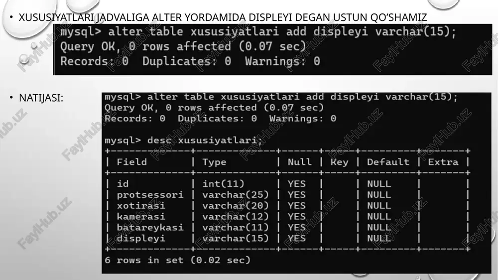 y 1d; | | | | | + in set (0.00 sec) mysql> select *from xodimlar; 4------ 4-------------------. 4----------------------- 4-----------. + | id | llavozimi | mutaxasisligi | davlati + | 1 | direktor | boshqarish managmenti | turkiya | 2 | sayt dizayneri | web programmer | hindiston | 3 | manager | offis manageri | italiya | 4 | asosiy programist | java mutaxasisi | koreya | 49 | 5 | xisobchi | bankir | xitoy | 43 4------ 4-------------------. 4----------------------- 4$-----------. 4$------- 5 rows in set (0.00 sec) mysql> select *from xodimlar order by lavozimi + + 4------- | | | yoshi + + 4------- | 4 | asosiy programist | java mutaxasisi | koreya | 49 | 1 | direktor | boshqarish managmenti | turkiya | 34 | 3 | manager | offis manageri | italiya | 23 | 2 | sayt dizayneri | web programmer …