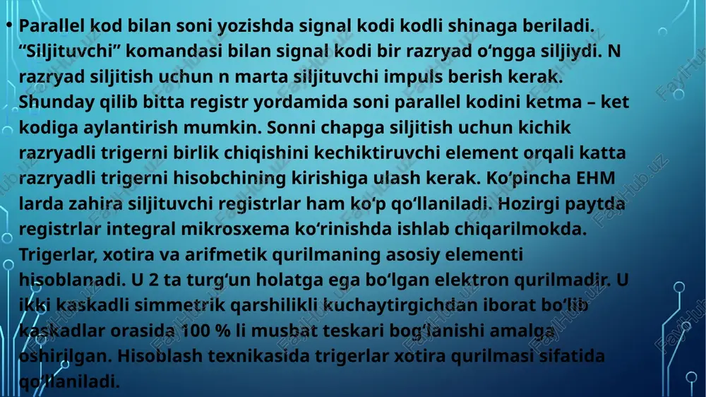 ‘sqinlik qilmaydigan mikroprotsessorning maxsus qismi deb qarasa bo‘ladi. sistema registrlari 3 guruhga bo‘linadi: boshqarish registrlari - 1 ta sistema adreslari registrlari - 4 ta otladka registrlari - 6 ta. pentium mikroprotsessorlari uchun quyidagi o‘zgarishlari kiritilgan oldin band qilib qo‘yilgan cr4 boshqarish registrlari qo‘llanilgan. msr registrlar guruxi kiritilgan. boshqarish registrlari boshqarish registrlari guruxiga beshta registr kiritilgan, cr0, cr1, cr2, cr3, cr4. bu registrlarning vazifasi butun sistema ishini boshqarish hisoblanadi. mikrolprotsessor beshta boshqarish registrlariga ega bo‘lsa ham, ulardan faqat to‘rtasi ishlatiladi. cr1 registri ishlatilmaydi, chunki uning funksiyasi aniqlanmagan. cr0 registri mikroprotsessorning holatini va uning ish rejimiga tasvir etuvchi sistema flaglaridan tashkil topgan. quyida ular bilan tanishamiz: pe (protect enoble) mikroprotsessorning joriy vaqtida qaysi ish rejimida ishlayotganini ko‘rsatadi. agar uning qiymati 1 bo‘lsa, himoya rejimi, 0 bo‘lsa real rejim. mp(math present) soprotsessor borligi . ts(task switched) amallar orasida o‘tish (pereklyuchatel zadach). am(alignment mask) tekislash maskasi, ushbu bit tekislashni boshqaradi. cd(cache disable) kesh xotirani …