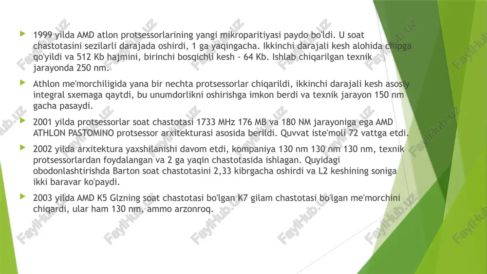 00 raqami). uchinchi raqam-bu 7 gigagertsli-1800 gigagertsli ryzen 3,7 4x va 7 gigagertsli-1700 gigagertsli chastotali ryzen 3,4 3,8x bilan ishlaydigan gigagertsli ish tezligi. oxir -oqibat, x harfi yo'q kodlarga nisbatan eng yuqori ish chastotalarini ko'rsatadi. ryzen 7 1700, masalan, ryzen 7 1700x ga qaraganda pastroq ish chastotasiga ega. quyidagi video bizga turli xil avlodlar va avlodlarni aniqlash uchun juda oddiy, to'liq va yosh qo'llanmani taklif qiladi amd protsessorlari. bu matnda keltirilgan ma'lumotlarni kengaytira oladigan audiovizual resurs. e’tiboringiz uchun rahmat! image1.jpg image2.jpg image3.jpg image4.png image5.png image6.jpg image7.png amdz ws (intel) 1 ry r a amda ryzen amd ryzen 5 2600x amd ryzen 2700 amd amd ryyzen yo2soxbcnstar yo270xb0nssaf va 1g02sus ua 180180s. shatss9nbd226 9hai383re0007 diffused in usa difeused in usa made in china rade in china *, © 207 and se /docprops/thumbnail.jpeg zamonaviy intel va amd protsessorlari won ae