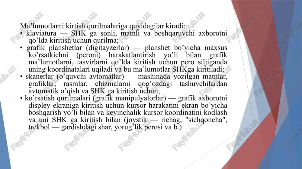 entalar va h.k.) axborotdan foydalanish bilan bog’liq soxasidir. multimedia (multimedia — ko’p muxitlilik) vositalari bu apparat va dasturlar to’plami bo’lib, u insonga o’zi uchun tabiiy bo’lgan juda turli-tuman muxitlarni: tovush, video, grafika, matnlar, animaciya va b. ishlatgan holda kompyuter bilan muloqot qilish imkonini beradi. multimedia foydalanuvchiga fantastik dunyoni (virtual haqiqiy) yaratishda juda ajoyib imkoniyatlarni yaratib beradi, bunda foydalanuvchi chekkadagi sust kuzatuvchi rolini bajarmasdan, balki u erda avj olayotgan xodisalarda faol ishtirok etadi; shu bilan birga muloqat foydalanuvchi uchun odatlangan tilda — birinchi navbatda tovushli va videoobrazlar tilida bo’lib o’tadi. multimedia vositalari ga quyidagilar kiradi: ma’lumotlarni audio — (nutqli) va videokiritish va chiqarish qurilmalari; yuqori sifatli tovushli (sound) va video — (video) platalar, videoqamrash platalari (video grabber), ular videomagnitofondan yoki videokameradan tasvirni oladi va uni shk ga kiritadi; yuqori sifatli kuchaytirgichli, tovush kolonkali, katta videoekranli akustik va videoqabul qiladigan tizimlar, hozirdayok keng tarqalgan skanerlar (chunki ular kompyuterga bosma matnlarni va rasmlarni …