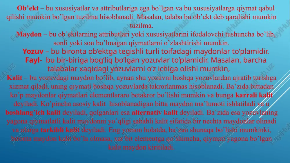 ’ir holat. bunda kirish ma’lumotlari algoritm bajarilishi uchum eng yomon holatda bo’ladi va juda sekin bajariladi. eng og’ir holat tahlilda muxim hisoblanadi, chunki bu algoritm bajarilishi uchun ketishi mumkin bo’lgan maksimal vaqtni tasavvur qilishimizga sabab bo‘ladi. misol uchun, qidirilayotgan element tuzilmaning oxirgi elementi bo’lsa, uni toppish uchun barcha solishtirishlar amalga oshiriladi. o’rtacha holat. bunda algoritmning o’rtacha ishlash imkoniyatini beruvchi kirish ma’lumotlari to’plami olib qaraladi. ma’lumotlar tuzilmalari ustida quyidagi amallarni bajarish mumkin: ko’rikdan o’tkazish (traversing) - tuzilma elementlariga 1 martadan murojaat qilish amali. kiritish – tuzilmaga yangi element kiritish amali. o’chirish – tuzlmadan bironta elementni o’chirish amali. bunda element shunday o’chirilishi kerakki, qolgan elementlar stabil holatda bo’lishi kerak, ya’ni ayrim tuzilmalarda nosozlik sezilishi kerak emas. qidirish – tuzilmadan bironta elementni joylashgan o’rnini aniqlash amali. saralash – elementlarni ma’lum bir tartibda joylashtirish amali. birlashtirish (merging) – ikkita tuzilmani birlashtirish amali. algoritm.bironta masalani echish uchun mo’ljallangan amallarningma’lum ketma-ketligi hisoblanadi.algoritmlar quyidagi tamoyillarga asoslanishi kerak: …