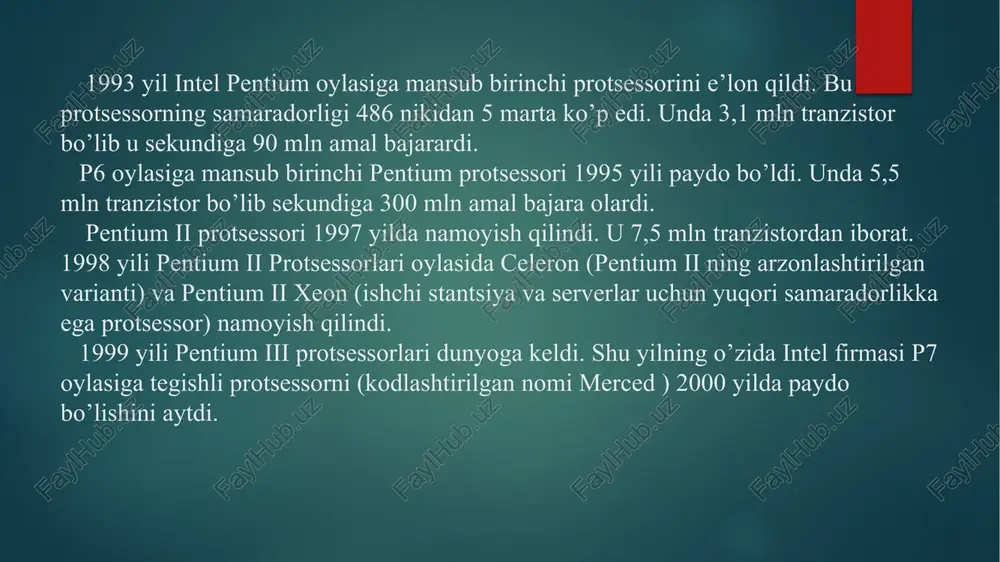 protsesorlarning turli firmalar tomonidan yangi avlodlari chiqib bormoqda va bu o’z navbatida unga bo’lgan talabni oshirib bormoqda. bu esa ishlab chiqarayotgan firmalarga yanada ko’proq talab va majburiyatlar qo’yadi, va bu esa bizga zamonaviy, mukammal protsessorlarni ishlatishga va amalllar bajarishga yo’l ochadi. shunki qayerda sog’lom raqobat bo’lsa o’sha erda o’sish boladi. foydalanilgan adabiyotlar: aripov.m informatika va information texnologiyalar. oliy o’quv yurti talabalari uchun darslik t.2005 y. axmedov a. taylokov n. informatika.-t.2001 y. xayitov.a.g. talim jaroyonini kompyuterlashtirish. hozir.org. tuit.uz va k. image6.jpeg image7.png image8.jpeg image9.jpeg image10.jpeg image11.jpeg image12.jpeg image13.png image2.png image3.png image4.png image5.png pentium’m inside” imtelee"e2 geforce amdgl radeon graphics fr tiboringiz uchun f hmat! rahma tp /docprops/thumbnail.jpeg