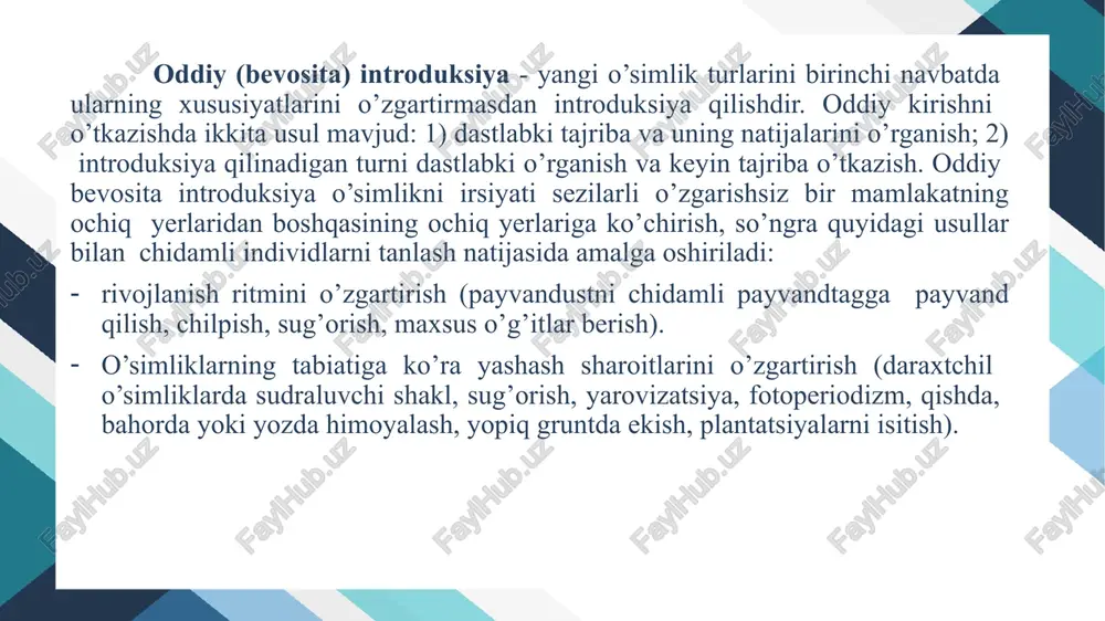 dagi omillar katta ahamiyatga ega: 1. botanika bog’iga introduksiya qilingan turlarning qaytib keladigan joyini - uning yashash muhiti chegaralarida yoki ulardan uzoqda, yangilari yaratilgan yoki eski, lekin sun'iy populyatsiyalar tiklanadigan joyni aniqlash juda muhimdir. so’nggi populyatsiyalarda reintroduksiyaga yo’l qo’yilmaydi. 2. populyatsiyani reintroduksiya qilish uchun material yetishtirilgan joy muhim ahamiyatga ega. bu yerda materiallar saqlanib qolgan populyatsiyalardan olinadi va botanika bog’iga introduksiya qilingan bunday joy faqat ushbu hudud bo’lishi mumkin. ushbu material introduksiysa uchun eng muhim hisoblanadi. ushbu turdagi o’simliklar populyatsiyasidan, lekin boshqa geografik hududlardan olingan o’simliklarni reintroduksiya qilish uchun foydalanishga yo’l qo’yilmaydi. populyatsiyani tiklash uchun dastlabki material urug’lar yoki introduksiya qilingan o’simliklar tomonidan ko’paytirilib olinadi. reintroduksiya usuli avvallari ma‘lum bir hududda yashagan, ammo keyinchalik turli xil antropogen omillar bilan yo’q bo’lib ketgan turlarni tabiiy sharoitga qaytarish va tabiatni tiklashdan iborat. ko’pgina hollarda, antropogen omillar emas, balki tabiiy omil sabablariga ko’ra ham ayrim turlarni kamayishini ko’rsatmoqda. o’simliklarni qayta tiklash uchun xuddi …