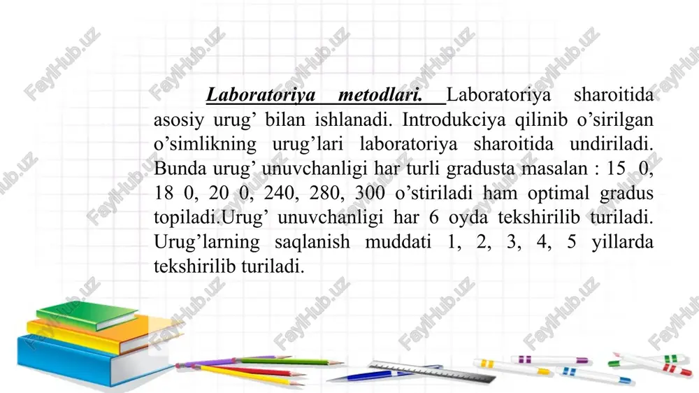 tuxtaev, 2009) usul. bu metod o'simlik turlari tabiiy ekologo-fitotsenotik sharoitdagi asosiy ekologik, biologik va fitotsenotik tomonlarini hisobga olishni taklif etadi. 7. o'simliklar reproduktivlik strategiyalarini tahlil qilish usuli (guseynova, 2011; karshibaev, 2020 ). usul o'simlik turining reproduktivlik strategiyasini belgilarlik morfo-biologik integrallashgan ko'rsatkichlarini aniqlashtirish qirg'oqlari navning yangi sharoitga moslasha olishini avvaldan bashorat hamda introdutsentlarni to'g'ri tanlab olish imkonini beradi. o'simliklar introduktsiyasini amalga oshirishlikda introduktor olim oldiga qo'yilgan maqsad va vazifalardan kelib chiqqan holda yuqorida belgilab o'tilgan usullardan biri yoki bitta nechta usullarini tanlab olib ishlashi mumkin. dorivor o'simliklar introduktsiyasi uchun boshlang'ich material bo'lib tanlab olingan introdutsent o'simliklarning urug’i, vegetativ organi yoki tirik o'simlikning o'zi xizmat etadi. tanlangan introduktsiya obyektlari (o'simlik ) urug’lari boshqa botanika bog'laridan urug’ almashtirish qirg'oqlari olinishi yoki introduktor tomonidan o'simlik turi tarqalgan hududlardan terilishi mumkin. introduktsiya omillari (tabiiy va antropogen)- introduktsiya sharoitining tabiiy (iqlim, relyef, geologik, gidrogeologik, tuproq, tabiiy o'simlik qoplamlari, shamol, hayvonat dunyosi) omillari. introduktsiya bosqichlari: o'simlik turlarining …