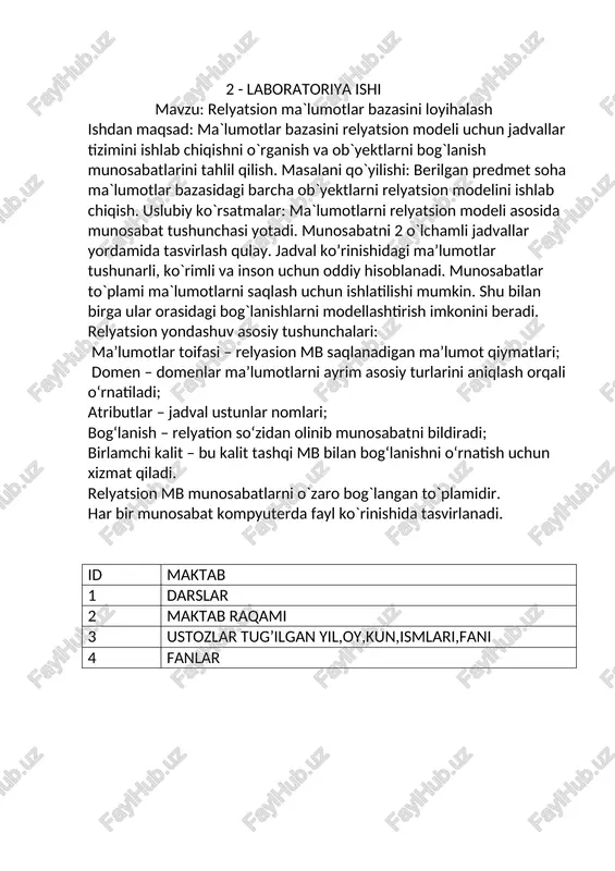 atdagi sana; sana maydonlari bizning eramizdan oldin bir necha mingyilliklardan boshlanuvchi va bizning eramiz beshinchi-o‘ninchi mingyilligi bilan cheklangan haqiqiy sanalarni o‘z ichiga olishi mumkin. time maxsus komanda orqali aniqlanuvchi formatdagi vaqt (ko‘zda tutilgan bo‘yicha hh.mm.ss). date time sana va vaqt kombinatsiyasi. money maxsus komanda orqali aniqlanuvchi formatdagi pul birligi. sql tili quyidagi tarkibiy qismlardan iborat: ddl ( ma’lumotlarni ta’riflash tili ) - ansi da ma’lumotlar sxemasini ta’riflash tili, ob’ektlarni (jadvallar, indekslar, tasvirlar va hokazo) yaratuvchi buyruqlar to’plamidan iborat. dml (ma’lumotlarni o‘zgartirish tili) - bu ixtiyoriy daqiqada jadvallarda qanday qiymatlar saqlanishini aniqlovchi buyruqlar majmuasidir. dcl (ma’lumotlarni boshqarish tili) foydalanuvchiga aniq ob’ektlarga ta’sir o‘tkazishga ruxsat berish yoki bermaslikni aniqlovchi buyruqlardan iborat. ddl tilining asosiy komandalari: create – yangi jadval hosil qilish uchun ishlatiladi. quyidagi ko’rinishda yoziladi: create table ( ustun_nomi va toifasi, … ); alter – jadvalga o’zgartirish kiritish uchun ishlatiladi. bu buyruq jadvalga yangi ustunlar qo'shish, ustunlarni o'chirish, ustunlar kattaligini o'zgartirish, …