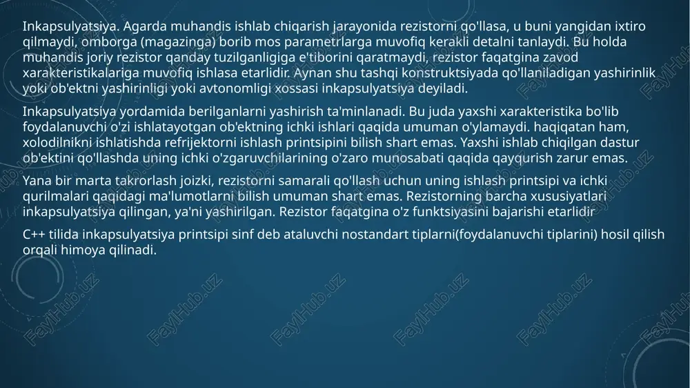 int itsogirlik ; void miyovlash() } mushuk sinfini e'lon qilishda xotira zaxiralanmaydi. e'lon qilish, kompilyatorga mushuk sinfini mavjudligini, qamda unda qanday qiymatlar saqlashi mumkinligi (itsyosh, itsogirlik) va u qanday amallarni bajarishi mumkinligi (miyovlash() metodi) haqida xabar beradi. bundan tashqari, bu e'lon qilish orqali kompilyatorga mushuk sinfining o'lchami, ya'ni har bir mushuk sinfi ob'ekti uchun kompilyator qancha joy ajratishi lozimligi haqida ham ma'lumot beradi. masalan, joriy misolda butun qiymat uchun to'rt bayt talab qilinsa, mushuk sinfi ob'ekti o'lchovi sakkiz bayt bo'ladi. (itsyosh o'zgaruvchisi uchun to'rt bayt, itsogirlik o'zgaruvchisi uchun to'rt bayt). miyovlash() metodi xotiradan joy ajratishni talab qilmaydi. ob'ektni e'lon qilish. yangi turdagi ob'ekt xuddi oddiy butun sonli o'zgaruvchidek aniqlanadi. haqiqatan ham ixtiyoriy butun sonli o'zgaruvchi quyidagicha aniqlanadi: unsigned int myvariable // ishorasiz butun sonni aniqlaymiz cat sinfidagi ob'ekt esa quyidagicha aniqlanadi: mushuk frisky // mushuk ob'ektini aniklaymiz. bu dasturiy kodlarda unsigned int tipidagi myvariable nomli o'zgaruvchi va mushuk sinfining frisky …
