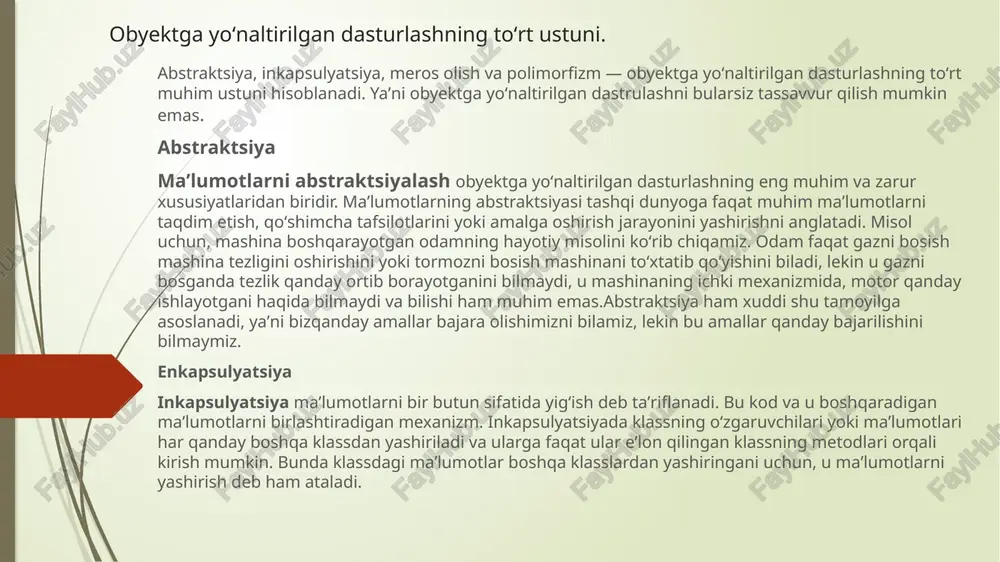 fdan voris olib bo’lmaydi. natija: image1.jpg image2.png image3.jpg image4.jpg polymorphism |~ classes inheritance "| abstraction data >| encapsulation information hiding parent class parent class parent class parent class | { j | child class child class derived class 1 | single inheritance multiple inheritance . derived class 2 multilevel inheritance parent class parent class a | | | a b (c child class 1 child class 2 child class 3 derived class derived class hierarchical inheritance ~~ derived class hybrid class 1 #include 2 using namespace std; 3 class person at 5 int id; 6 char name[ 100]; 7 public: 8 void set_p() 9° é 10 cout >id; 12 (stdin); 13 cout >fee; 34 + 35 void display s() 36~ { 37 display p(); 38 cout <<course<<"\t"<<fee<<endl; 39 40 35 41 main() 4a2-{ 43 student s; 4a s-set_s(); 45 s.display_s(); 46 return 05 47 } enter the id: 101 enter …