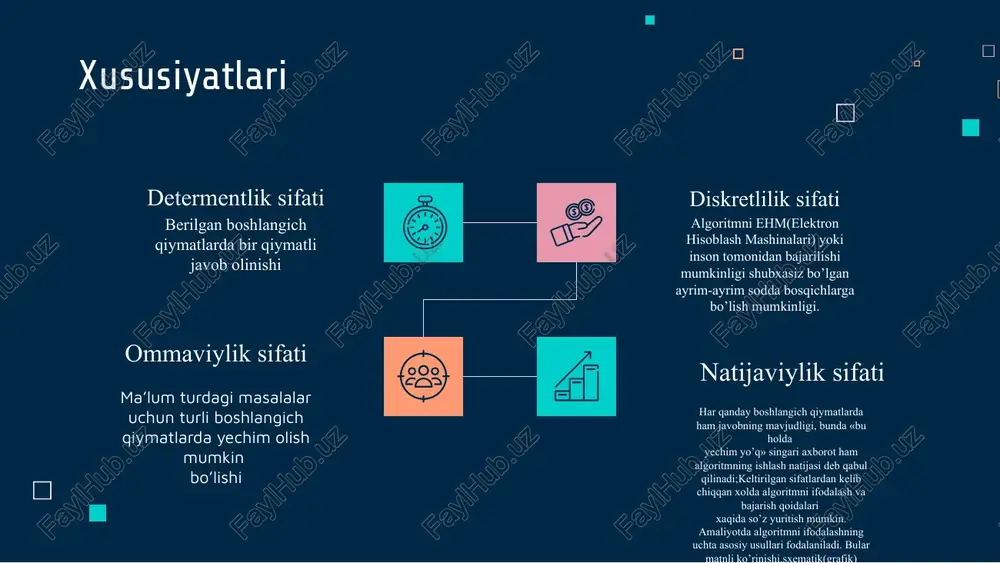 almashinadi. 3. keyin mazkur jarayon qolgan n-1, n-2 elementlar bilan takrorlanib, to bitta eng “katta” element qolguncha davom ettiriladi. for(int i=0;i for(int j=i+1;j if (a[i] > a[j]){ int k = a[j]; a[j]= a[i]; a[i]= k; } ma’lumotlarni qayta ishlashda qidiruv asosiy amallardan biri bo‘lib, uning vazifasi berilgan argument (kalit) bo‘yicha ma’lumotlar bazasi ichidan mazkur argumentga mos ma’lumotlarni topish yoki yo‘qligini aniqlashdan iborat. agar kerakli ma’lumot yo‘q bo‘lsa, u holda ikkita ishni amalga oshirish mumkin: ma’lumot yo‘qligini belgilash; jadvalga ma’lumotni qo‘yish. ixtiyoriy ma’lumotlar majmuasi jadval yoki fayl deb ataladi. ixtiyoriy ma’lumot (yoki tuzilma elementi) boshqa ma’lumotdan biror bir belgisi orqali farq qiladi. mazkur belgi kalit deb ataladi. kalit ikki hil bo‘lishi mumkin: birlamchi(takrorlanmaydi, noyob); ikkilamchi(takrorlanadi). ta’rif. agar kalitlar ma’lumotlar jadvalidan ajratib olinib alohida fayl sifatida saqlansa, u holda bunday kalitlar tashqi kalitlar deyiladi. aks holda, ya’ni yozuvning bir maydoni sifatida jadvalda saqlansa ichki kalit deyiladi. qidiruvning maqsadi - quyidagi jarayonlarning birini …