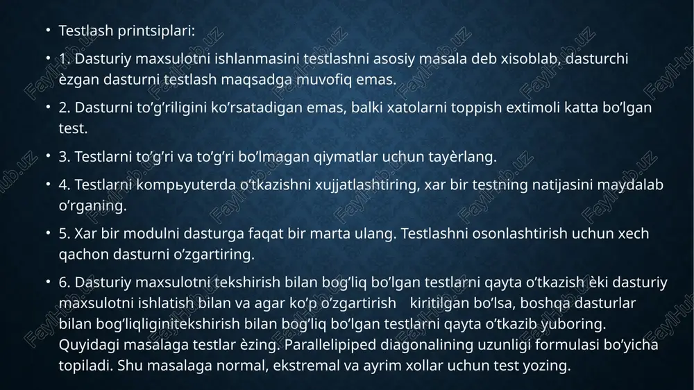 amalga oshirilishi lozim. bu jarayon ham o’z navbatida bir necha bosqichlarni o’z ichiga oladi va ular quyidagilar: requirements-based testing (talablarga asoslangan testlash) – bunday testlash talablarning qay darajada bajarila olinayotganini tetslashga asoslangan. shuning uchun dasturiy ta’minot uchun talablar ishlab chiqilayotganda ularni keyinchalik testlash uchun qulay bo’lishini ham inobatga olish kerak. senario – testing (ssenariyni testlash) – bunda dasturiy ta’minot qay tarzda ishlashini belgilab beruvchi hujjat – ssenariy talablari bajarilayotgani testlanadi. performance testing (ijroni yoki dasturiy ta’minotning ishlash jarayonini testlash) – bu dasturiy ta’minotni amaliyotga tadbiq qilish jarayonidagi testlashning so’nggi bosqichi bo’lib bunda asosiy e’tibor dasturning barcha mayda detallarini ham inobatga olgan holda testlash lozim bo’ladi. iii. foydalanuvchi tomonidan testlash (user testing) bunda foydalanuvchi yoki iste’molchi dasturiy mahsulotdan foydalanish davomida yuzaga kelgan muammolar bo’yicha o’z fikr va maslahatlari bergan holda testlash jarayonini amalga oshiradi. deyarli barcha tizimlar uchun dasturchi va ishga tushirish davomida olib borilgan testlashning o’zi yetarli bo’lib qolmaydi. chunki …