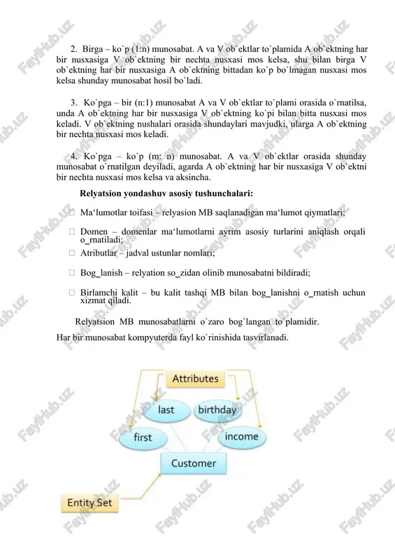ega xolga aylantirib beradi. · sql( structured query language) (strukturalashgan so’rovlar tili) ma’lumotlarni almashtirish tili bo’lib xisoblanadi, ya’ni u jadvallar bilan ishlash mo’ljallangan bo’lib, kiruvchi ma’lumotlar talab etilgan chiquvchi ko’rinishga ega xolga aylantirib beradi. sql tili ikkita asosiy komponentga ega: · ddl tili (data definition language (ma’lumotlar aniqlash tili) bu ma’lumotlar ba’zasi strukturasini aniqlash va ma’lumotlarga murojaatni boshqarish uchun mo’ljallangan. dml tili (data manipulation language) - ma’lumotlarni manipulyatsiyalash tili. ma’lumotlarni ajratish va tiklash uchun mo’ljallangan. · dml tili (data manipulation language) - ma’lumotlarni manipulyatsiyalash tili. ma’lumotlarni ajratish va tiklash uchun mo’ljallangan. ddl tilining asosiy konstruksiyalari · create table-yangi jadval yaratish · drop table-jadvalni o’chirish · alter table-jadvalni o’zgartirish jadvallarni yaratish · jadvallar create table komandasi bilan yaratiladi. bu komanda qatorlarsiz bo‘sh jadval yaratadi. create table komandasi jadval nomini va jadvalning o‘zini ko‘rsatilgan tartibdagi ustunlar ketma – ketligi ko‘rinishida aniqlaydi create table komandasi sintaksisi · create table · ( [()], · …
