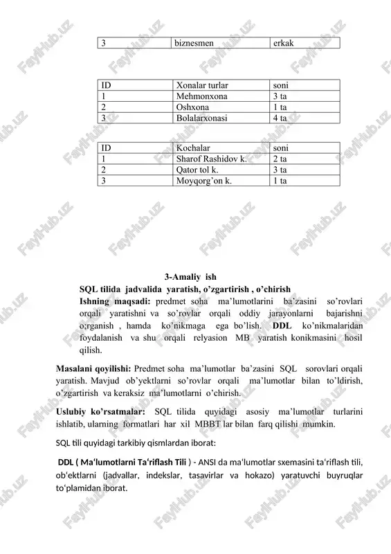 irish buyrug‘i. sintaksisi esa 2 hil: update set column=expression; update set column=expression where qidiruv_sharti; ishni bajarish tartibi: 3-labarotoriyada tuzilgan jadvallarimizni esga olamiz. endi o‘sha jadvallarni mysql da yuqorida sintaksisini keltirib o‘tganimizday komandalardan foydalanib yaratamiz . 1.jadval ob‘yektlariga qiymatlar beramiz: so’rov: insert into buyrug’i orqali mahallalar jadavalini toldiramiz; natija: 2.mb ga yangi jadval qo‘shamiz va updatedan foydalanib maydonga qiymat beramiz: 3. malumotlar bazasidan id=7 bo’lgan satrni o’chiramiz; so’rov: delete from mahallalar_m where id=7; natija: 5-amaliy ish mavzu: and, or, not mantiqiy standart so„zlardan foydalanish ishdan maqsad: talabalarda and, or, not mantiqiy stanndart so‗zlardan foydalanish va shu orqali relyatsion mb da ishlash ko‘nikmasini hosil qilish. masalaning qo‟yilishi: and, or, not, in, between, like operatoridan foydalanib avvalgi mashg‘ulotlarda yaratilgan jadvallar ustida amallar bajarish. uslubiy ko`rsatmalar:sql tilida shart ifodalarini tuzish uchun solishtirish va mantiqiy operatorlardan tashqari yana bir qator maxsus operatorlar qo‗llaniladi. bu operatorlar dasturlash tillarida mavjud emas. operatorlar: in- biror toplamga tegishliligini tekshirish; …