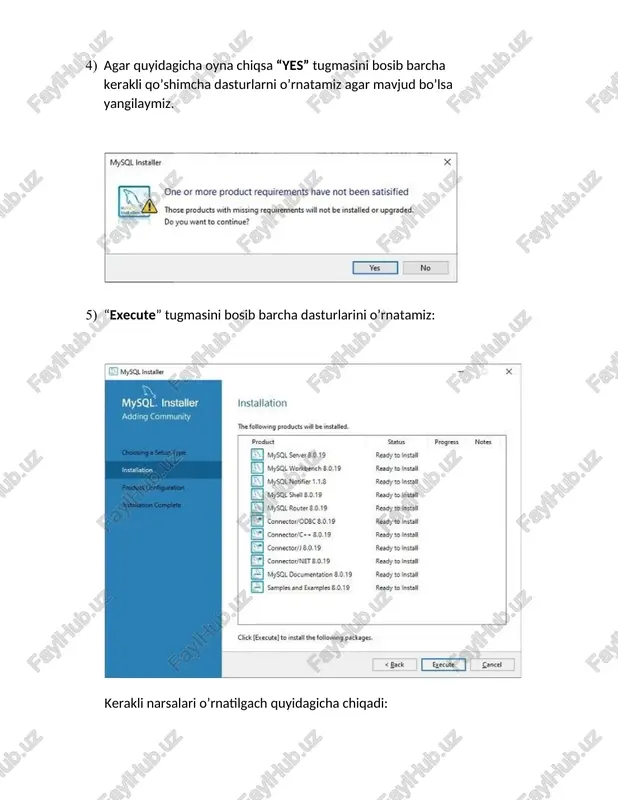 ‖ modeliga va buyurtmachi talablarini maksimal darajada qondirish kerak. agar buyurtmachi qo`ygan talablarga qurilgan ―mohiyat-aloqa‖ modeli so`rovlar tizimi to`la qanoatlantirmasa, unda predmet sohani qo`shimcha o`rganib va tahlil qilib, ―mohiyat-aloqa‖ modeli kerakli elementlar, bog`lanishlar va munosabatlar bilan to`ldiriladi. so`rovlar tizimini ma`lumotlar bazasidan foydalanuvchiga beriladigan axborot bo`yicha standart va nostandart so`rovlarga sinflanadi. ma`lumotlar bazasiga reglamentlanmagan so`rovlar deb foydalanuvchilarni joriy ehtiyojlariga qarab, lekin qurilgan model imkoniyatlari chegarasida va bu so`rovlarni unga relevantligini saqlangan holda o`zini ta`rifini o`zgartirish imkonini beradigan so`rovlarga aytiladi. ishni bajarish: avvalgi laboratoriyada yaratgan bazamizning jadvallarini ko‘ramiz; image5.jpeg image6.jpeg image7.jpeg image8.jpeg image9.jpeg image10.jpeg image11.jpeg image12.jpeg image13.jpeg image14.jpeg image15.jpeg image16.jpeg image17.jpeg image18.jpeg image19.jpeg image20.jpeg image21.png image22.png image23.png image24.jpeg image25.jpeg image26.png image27.png image28.png image29.png image30.png image31.png image32.png image33.png image34.png image35.png image1.png image2.jpeg image3.jpeg image4.jpeg (5) mso intaler mysql. installer check requirements ‘thetcloning products haveing equvemens mysql ntl wl atempt to reste them automates requements marees semanas cnnet be rakes storey clik sees forproduct, …
