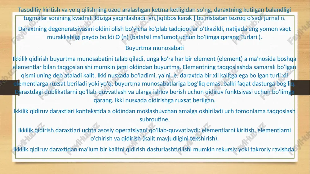 'ri, kalit, qiymat);} shu bilan bir qatorda, rekursiv bo'lmagan versiya shu kabi qo'llanilishi mumkin. qaerdan kelganligimizni kuzatish uchun ko'rsatgichdan-ko'rsatkichga foydalanish kodni daraxtning ildiziga tugunni kiritishi kerak bo'lgan holatni aniq tekshirish va ko'rib chiqishdan qochishga imkon beradi:[3] bekor kiritmoq(tugun** ildiz, int kalit, int qiymat) { tugun **yurish = ildiz; esa (*yurish) { int kurka = (*yurish)->kalit; agar (kurka == kalit) { (*yurish)->qiymat = qiymat; qaytish; } agar (kalit > kurka) yurish = &(*yurish)->to'g'ri; boshqa yurish = &(*yurish)->chap; } *yurish = yangi tugun(kalit, qiymat);} yuqorisida, yuqoridagi halokatli protsessual variant daraxtni joyida o'zgartiradi. u faqat doimiy yig'ma bo'shliqdan foydalanadi (va takrorlanadigan versiya ham doimiy stack maydonidan foydalanadi), lekin daraxtning oldingi versiyasi yo'qoladi. shu bilan bir qatorda, quyidagi kabi python masalan, biz kiritilgan tugunning barcha ajdodlarini qayta tiklashimiz mumkin; asl daraxt ildiziga har qanday havola haqiqiy bo'lib qoladi va bu daraxtni a qiladi doimiy ma'lumotlar tuzilishi: def binary_tree_insert(tugun, kalit, qiymat): agar tugun == yo'q: …