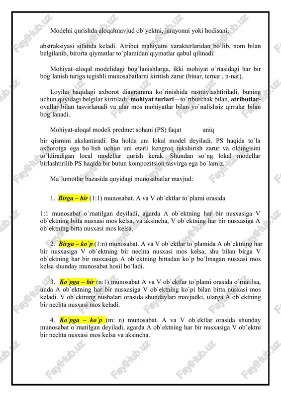 igi o’zgarmas, n ga teng bo’lgan simvolli qator (0 0 va har xil mbbt larda turlicha, lekin 4096 dan kam emas). alter – jadvalga o‘zgartirish kiritish uchun ishlatiladi. bu buyruq jadvalga yangi ustunlar qo'shish, ustunlarni o'chirish, ustunlar kattaligini o'zgartirish, hamda cheklanishlarni qo'shish va olib tashlash imkoniyatlariga ega. bu buyruq ansi standarti qismi emas, shuning uchun har xil tizimlarda har xil imkoniyatlarga ega. misol uchun jadvalga ustun qo‘shish buyrug‘i sintaksisi quyidagicha: alter table add ; sql( structured query language) (strukturalashgan so’rovlar tili) ma’lumotlarni almashtirish tili bo’lib xisoblanadi, ya’ni u jadvallar bilan ishlash mo’ljallangan bo’lib, kiruvchi ma’lumotlar talab etilgan chiquvchi ko’rinishga ega xolga aylantirib beradi. · sql( structured query language) (strukturalashgan so’rovlar tili) ma’lumotlarni almashtirish tili bo’lib xisoblanadi, ya’ni u jadvallar bilan ishlash mo’ljallangan bo’lib, kiruvchi ma’lumotlar talab etilgan chiquvchi ko’rinishga ega xolga aylantirib beradi. sql tili ikkita asosiy komponentga ega: · ddl tili (data definition language (ma’lumotlar aniqlash tili) bu ma’lumotlar …