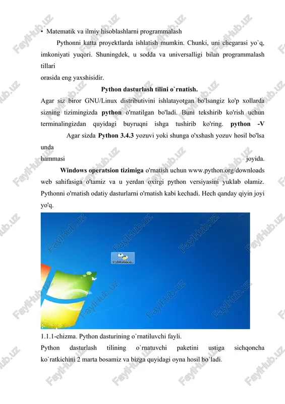. python dasturini o`rnatilish jarayoni. python o`rnatilyapti va bir necha sekunddan so`ng quyidagi oyna namoyon bo`ladi: 1.1.5-chizma. pip kutubxonasini qo`shish jarayonida hosil boladigan oyna. bunda console rejimida dastur ishga tushib pip kutubxonasini qo`shadi. 1.1.6-chizma. python dasturini o`rnatish tugallanganligi haqidagi muloqot oynasi. va dasturni o`rnatish muofaqqiyatli tugallandi. python tili sintaksisi, asosiy operatorlari. python tili sintaksisi o`zi kabi soda • satr oxiri instruksiyaning oxiri hisoblanadi (nuqta vergul shart emas) • har bir qator boshidagi bo`sh joy(otstup) muhim ahamiyatga ega. kiritilgan amallar bo`sh joylarning kattaligiga qarab bloklarga birlashadi. bo`sh joy istalgancha bo`lishi mumkin asosiysi bitta kiritilgan blok chegarasida bo`sh joy bir xil bo`lishi kerak. noto`g`ri qo`yilgan bo`sh joylar xatolik yuz berishiga olib kelishi mumkin. bitta probel bilan bo`sh joy hosil qilish yaxshi qaror emas uni o`rniga to`rtta probel yoki tab belgisini ishlatish kerak. • pythonga kiritilgan amallar bir xil shablonda yoziladi. bunda asosiy amal ikki nuqta bilan tugatiladi va uning orqasidan kiritilgan blok …