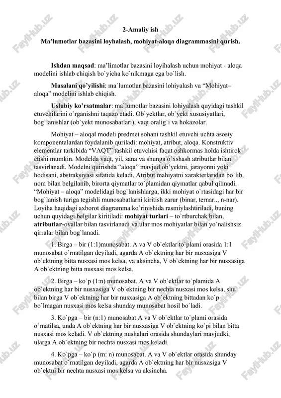 otsedurali bo'lmagan tillar butun yozuvlar to'plamiga birdan operatsiyaga kirishadi. dml tili so’rovlari: select – amal bajaradigan jadvalimizni tanlash, ekranga chiqarish komandasi. sintaksisi esa quyidagicha: select * from // jadvalni to’liq chiqarish select , … from // jadval ustunlarini chiqarish. insert – sql da barcha satrlar ushbu buyruq yordamida kiritiladi. sintaksisi esa quyidagicha: insert into values (“ustun_info”, “ustun_info”, … ); delete – satrlarni jadvaldan o‘chirish buyrug‘i. sintaksisi esa quyidagicha: delete from where qidiruv_sharti; update – maydon qiymatlarini o‘zgartirish buyrug‘i. sintaksisi esa 2 xil: update set column=expression; update set column=expression where qidiruv_sharti; pharmacy ma’lumotlar bazasidagi company jadvaliga ma’lumot qo’shish, tanlash, o’zgartitrish va o’chirish: birinchi bo’lib jadvalimizga bir nechta ma’lumot qo’shib olaylik. jadvalda 3 ta attribute bore di. keyin insert into so’rovi orqali 3 ta ma’lumot kiritildi va select yordamida kiritilgan ma’lumotlarni oldik. bu yerda ma’lumot qo’shayotganimizda hammasining id attributinga 0 berilgan chunki baribir ham auto_increment orqali oldingisiga 1 ni qo’shib ketaveradi. endi …