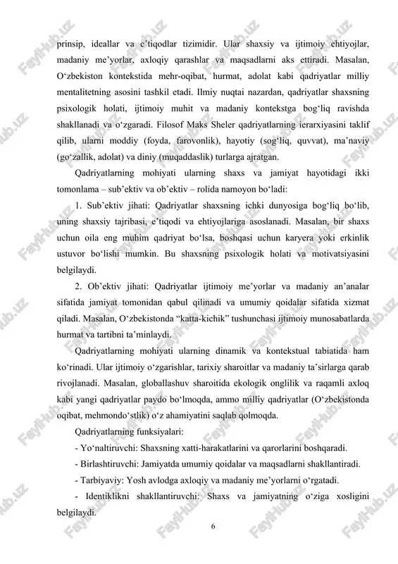 . - identiklikni shakllantiruvchi: shaxs va jamiyatning o‘ziga xosligini belgilaydi. o‘zbek jamiyatida qadriyatlar ko‘pincha oila, jamoatchilik, an’ana va diniy e’tiqodlar atrofida shakllanadi. masalan, “oila – jamiyatning asosi” tamoyili ko‘plab ijtimoiy munosabatlarni belgilaydi. shu bilan birga, zamonaviy yoshlar orasida individual erkinlik, ta’lim va global qadriyatlar (masalan, texnologik taraqqiyot) tobora muhim ahamiyat kasb etmoqda, bu esa an’anaviy va zamonaviy qadriyatlar o‘rtasidagi muvozanatni o‘rganishni dolzarb qiladi. qadriyatlar falsafiy nazariyasining ba'zi masalalari, o`tgan xix asrning ikkinchi yarmida evropada yangi kantchilik maktabiga mansub v. vindelband, g. rikart va boshqalar tomonidan ishlab chiqildi. qadriyat nazariyasini o`rganish yunoncha – qimmatbaho ma'nosini anglatuvchi aksiologiya degan ilm sohasini vujudga keltiradi. xix asrning 20-50 yillarida m. sheler, n. gartman, r.b. perri, s.p. popper kabi nemis va amerika faylasuflarining asarlarida bu fanning asoslari shakllantirildi. sharqda avlod va ajdodlarimiz tomonidan yaratgan qadrlash mezonlarining tarixi eng qadimgi naqllar, rivoyatlar, afsona, hikoyat dostonlarga, ya'ni xalq og`zaki ijodi namunalariga borib taqaladi. spitamen, muqanna va jaloliddin …