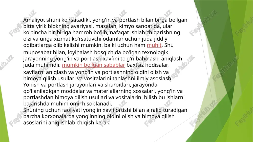 ish tavsiya etiladi. yong’in chiqsa, 101-raqamiga qo’ng’iroq qil yong’in sodir bo’lganda xavfsizlik qoidalari mumkin emas: o’t o’chiruvchilarni chaqirmay yong’in bilan mustaqil kurashish; elektr asboblarini tokdan o’chirmay suv bilan o’chirish (tok urib olishi mumkin); tutunni chiqarib yuborish uchun deraza va eshiklarni ochish (yong’in toza havo kirishi natijasida kuchayadi); katta maydon yong’in ostida qolgan vaqtda liftdan foydalanish (odam liftda qamalib va tutundan bo’g’ilib qolishi mumkin); tutunli yo’lak yoki zinapoya orqali chiqishga harakat qilish (tutun zaharli, issiq havo esa o’pkani kuydirishi mumkin); tarnov quvurlaridan, arqon va boshqa narsalarga osilib tushish (qulab tushish ehtimoli katta); derazalardan sakrash (3 qavat va undan yuqorisidan sakrashning har ikkinchisi o’lim bilan tugaydi). birlamchi o’t o’chirish vositalari uglekislotali o’t o’chirgich kukunli o’t o’chirgich plombasini buz va mixini chiqarib yubor. olovga o’t o’chiruvchi modda chiqish jo’mragini yo’naltir. richagni bos. kukunli o’t o’chirish vositalari qattiq, suyuq va gazsimon moddalar, shuningdek 1kv gacha kuchlanishdagi elektr qurilmalardagi yong’inni o’chirish uchun mo’ljallangan. o’t o’chirish …