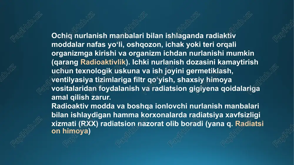ri va yerto’lalarga yashirinish; panagoh, radiatsiyadan yashirinish joylari va yerto’lalardan foydalanish imkoniyati bo’lmasa, uyda deraza va eshik hamda ularning tirqishlarini yaxshilab berkitish va ularni qalin mato bilan yopish radiatsiya bilan zararlangan hududlarda bajarilishi kerak bo’lgan chora-tadbirlar: hududda «xavfli: radiatsiya» yozuvli maxsus ko’rsatkichlarga e’tibor berish; tanani to’la-to’kis yopib turadigan kiyim kiyib olish; xonadon (kvartira)ga kirishdan oldin kiyimni yaxshilab qoqish (yaxshilab changini tozalash va poyabzalni yuvish), ko’cha kiyimini almashtirish va «ishlatilgan» kiyimni tashqarida qoldirish; hududlardagi daraxtlar mevasi hamda yetishtirilgan poliz mahsulotlarini ishlatmaslik; ariq, ko’l va to’planib qolgan suv manbalaridan foydalanmaslik; ovqatlanishdan oldin albatta qo’lni sovun bilan yuvish va og’izni chayish; ishlatiladigan sabzavot va mevalarni ham yaxshilab yuvish kerak. radiatsiyadan zararlanish xavfi tugagandan keyin ko’riladigan chora-tadbirlar: ehtiyot chora-tadbirlariga qat’iyan rioya qilish; badanning ochiq joylarini yaxshilab tozalash, toza suv bilan og’iz, burun, tomoq va ko’zlarni yuvib tashlash. esdasaqlang! qo’rqmang va vahimaga tushmang! shunda atrofdagilarning ham qo’rquvini kamaytirishga yordam berasiz! sizing sezgirligingiz va tezkor harakat …