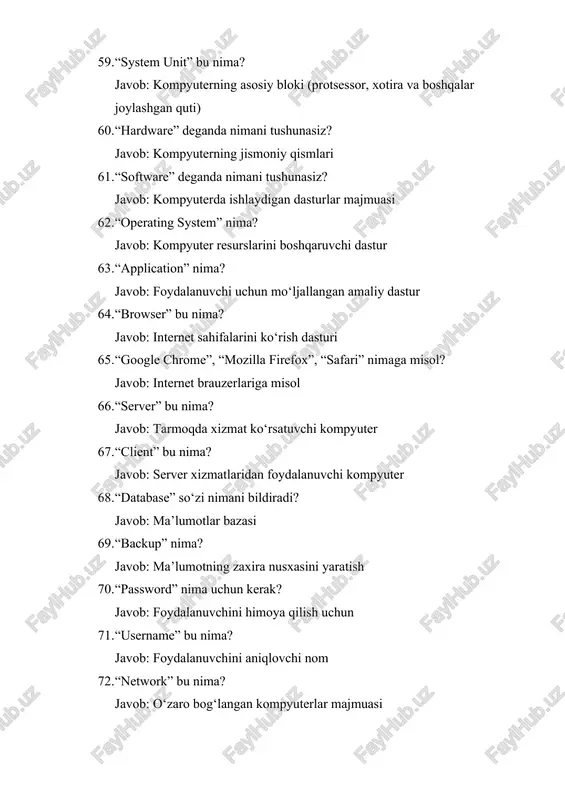 axborot nima? javob: ma’lumotni qayta ishlash natijasi 13. fayl kengaytmasi “.docx” nimani bildiradi? javob: matn hujjati 14. dasturlash tiliga misol keltiring. javob: python
