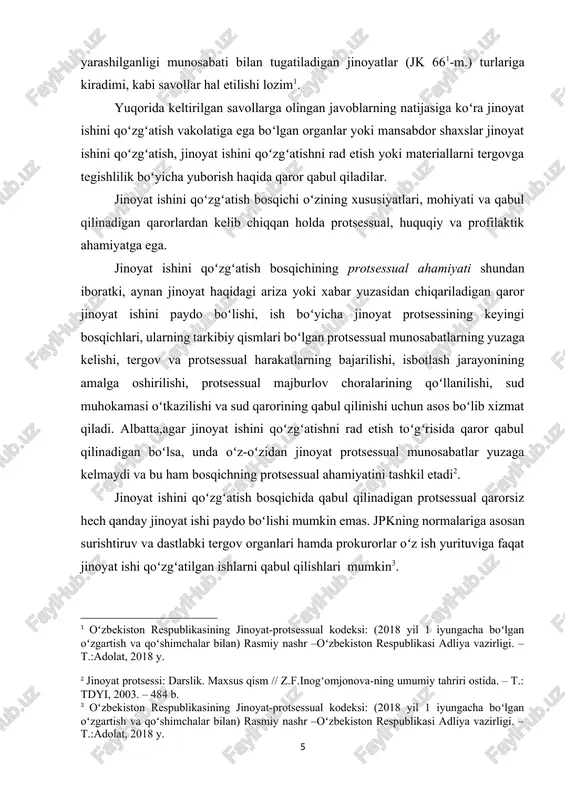 –oʻzbekiston respublikasi adliya vazirligi. – t.:adolat, 2018 y. ] e’tiborli jihati shundan iboratki, faqat jinoyat ishini qoʻzgʻatish toʻgʻrisida qaror chiqarilganidan soʻnggina surishtiruv va dastlabki tergov organlari soʻroq qilish, yuzlashtirish, tintuv, olib qoʻyish va boshqa tergov harakatlarini oʻtkazish, protsessual majburlov va ehtiyot choralarini qoʻllash huquqiga ega boʻladi. shu bilan birga, jinoyat ishini qoʻzgʻatish toʻgʻrisida qaror chiqarilganidan keyingina fuqarolar, mansabdor va yuridik shaxslarning surishtiruv va dastlabki tergov organlarining muayyan materiallarni taqdim etish toʻgʻrisidagi talabini bajarish, tergov harakatlarini oʻtkazishga chaqirilganda kelish, xolis sifatida fuqarolik burchini bajarish kabi majburiyatlari yuzaga keladi. zero, protsessual normalar talablariga asosan jinoyat ishi qoʻzgʻatil-masidan oldin bunday talablarni qoʻyish mumkin emas. shu bilan birga, jinoyat ishini qoʻzgʻatish toʻgʻrisidagi qaror bilan jinoyat protsessining keyingi bosqichlarida amalga oshiriladigan protsessual faoliyatning yoʻnalishlari belgilab beriladi. jinoyat ishini qoʻzgʻatish bosqichining huquqiy ahamiyati degan-da, eng avvalo, jinoyat ishini qoʻzgʻatish toʻgʻrisidagi qaror bilan sodir etilgan yoki suiqasd qilingan jinoyat, uning belgilari, tarkibi, turini, ogʻirlik darajasini, kvalifikatsiyasi, isbotlanishi …