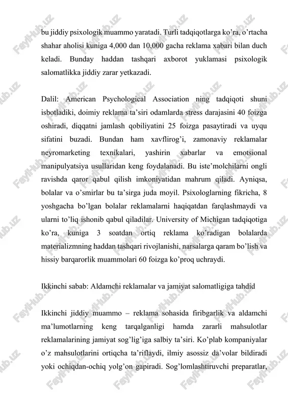 bga solish tizimini joriy etish. bu quyidagilarni o’z ichiga olishi kerak: birinchidan, 12 yoshgacha bo’lgan bolalarga qaratilgan dasturlarda fast-fud, qandli mahsulotlar va noo’rin ovqatlar reklamasini to’liq taqiqlash. norvegiya, shvetsiya va finlandiya bunday amaliyotni muvaffaqiyatli amalga oshirgan va natijada bolalar semizligi 28 foizga kamaygan. ikkinchidan, tamaki, alkogol va qimorbozlik reklamalarini jamoat joylarida va ommaviy axborot vositalarida qat’iy cheklash. avstraliya, kanada va buyuk britaniyada bunday cheklovlar kiritilgan va tamaki iste’moli 20-35 foizga, alkogol iste’moli 15-25 foizga kamaygan. uchinchidan, reklamalarni majburiy ravishda mustaqil ekspertlar tomonidan tekshirish tizimini yaratish. har qanday reklama ommaga e’lon qilinishidan oldin ilmiy asossiz da’volar, manipulyativ usullar va aldamchi ma’lumotlar aniqlangan taqdirda rad etilishi kerak. to’rtinchidan, aldamchi reklama uchun jiddiy jazo choralari joriy etish. hozirda ko’plab mamlakatda jarimalar juda past va kompaniyalar uchun bu oddiy biznes xarajati. jarima summalarini sezilarli oshirish va takroriy buzilishlarda biznes litsenziyasini bekor qilish zarur. beshinchidan, jamiyatni ma’lumot savodxonligi bilan ta’minlash. maktab dasturlariga reklama ta’sirini tanib …
