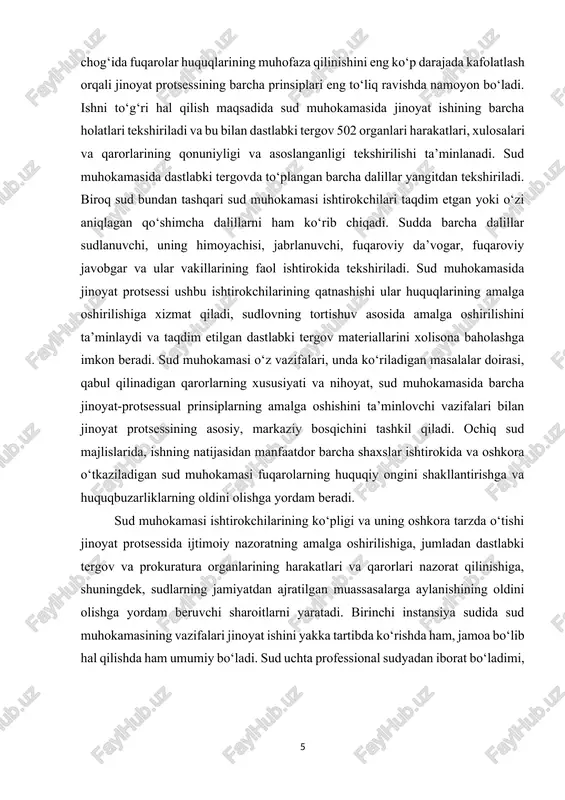 an qat’i nazar, ushbu vazifalar bir xildir[footnoteref:2]. [2: jinoyat-protsessual huquq: darslik / yuridik fanlar doktori, professor m. a. rajabova tahriri ostida (to‘ldirilgan va qayta ishlangan uchinchi nashri). – t.: o‘zbekiston respublikasi iiv akademiyasi, 2019] sud muhokamasining protsessual shakllari bir-biridan farq qilsa ham, ularning barchasida odil sudlov amalga oshiriladi. sud muhokamasi bir qator ketma-ket bir-birini almashtiruvchi bosqichlar (qismlar)ga bo‘linadi. u ishni ushbu sud majlisida ko‘rib chiqish mumkin yoki mumkin emasligi tekshiriladigan va uni tayyorlash va tashkil qilish choralari ko‘riladigan tayyorlov qismidan boshlanadi. so‘ngra sud dalillarni bevosita tekshiradigan sud tergovi bosqichi o‘tkaziladi. shundan keyin sud muzokaralari bo‘lib o‘tadi, unda sud muhokamasi ishtirokchilari o‘zlarining ishga bo‘lgan munosabatlarini asoslaydilar, keyin esa sudlanuvchiga oxirgi so‘z beriladi. sud muhokamasining yakunlovchi bosqichida hukm chiqariladi va e’lon qilinadi. jpkda ushbu bosqichlarning har birida sud muhokamasini o‘tkazish tartibi belgilab qo‘yilgan. ishni birinchi instansiya sudida ko‘rib chiqish tartibini belgilovchi bir qator qoidalar butun sud muhokamasi davomida, uning barcha bosqichlarida amal …