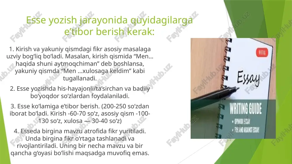 aniq va savodli bayon etishga imkon yaratadi. muhimi, keltirilgan fakt va dalillarning o‘rinli qo‘llanishidir. foydalanilgan adabiyotlar va internet saytlari 1. n. jiyanova, o. mo‘ydinova. nutq madaniyati. – t.: “ilm ziyo zakovat”, 2019. 2. qo‘ng‘urov r., begmatov e., tojiyev yo. nutq madaniyati va uslubiyat asoslari, - t.: “fan”, 1992, 254b. 3. husanov.n., rasulov, mo‘ydinov q. nutq madaniyati va notiqlik san`ati .-t.: “iqtisod-moliya”, 2006. 4. http://library.ziyonet.uz-talim portali. 5.http://baxtiyor.uz- 6.http://hozir.org- diqqatingiz uchun rahmat shamuratov atamurat image1.png image2.png image3.png image4.png image5.png image6.png writing tips writing guide opinion sry + for and aganstessay ‘tips to prepare. . essay x writing for upsc maine =~ ws competition