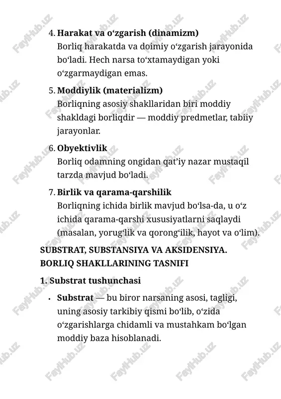 larini anglash va tizimlashtirish uchun zarur asos yaratadi. · jamiyat va tabiatdagi jarayonlarni izohlashda, inson faoliyatini boshqarishda qo‘llaniladi. kategoriya tushunchasining mazmuni va falsafa kategoriyalari 1. kategoriya tushunchasi · kategoriya — falsafada eng umumiy, asosiy tushunchalar yoki tushuncha guruhlari bo‘lib, ular yordamida borliqni, uning shakllarini, xususiyatlarini, munosabatlarini va jarayonlarini umumiy tarzda ifodalash mumkin. · kategoriyalar — bu tafakkur uchun poydevor bo‘lib, ular orqali biz dunyoni tasniflaymiz, tahlil qilamiz va tushunamiz. · har bir kategoriya borliqning asosiy jihatlari yoki qonuniyatlarini ifodalaydi. falsafa kategoriyalari bir xil emas, ularni turli faylasuflar turlicha tasniflagan, lekin ularning barchasi borliq va tafakkur haqida eng umumiy fikrlarni aks ettiradi. 2. falsafa kategoriyalarining asosiy xususiyatlari · umumiylik — kategoriyalar barcha mavjud narsalarga tegishli bo‘lishi kerak. · asosiylik — ular boshqa tushunchalarga asos bo‘lib xizmat qiladi. · tuzilish — kategoriyalar o‘zaro bog‘langan va tizimli bo‘ladi. · falsafiy xarakter — ular faqat aniq fanlarga emas, balki butun falsafaga tegishlidir. 3. falsafada …