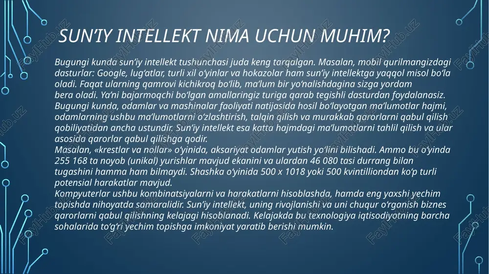 ntellektga ega robotlar allaqachon diktor bo'lib ishlaydi, kosmosga uchadi, kemalarni patrul qiladi va futbol o'ynaydi. xitoyning sinxua davlat axborot agentligida robotlashtirilgan diktor yangiliklarni o'qiydi. u chjan vanveyning hayotiy prototipi asosida yaratilgan. robot nafaqat yangiliklar matnlarini o'qiy oladi, balki ularning mimikasi va nutq uslubiga taqlid qilib, inson hamkasblaridan o'rganishi mumkin. cimon 2 roboti xksda kosmonavtlar bilan aloqa qiladi: u o'zining sun'iy intellekti sifatida watson ibm tizimidan foydalanadi. watson tone analyzer xizmati bilan yangilanish cimon 2-ga odamlarning his-tuyg'ularini tushunishga va ularga javob berishga imkon beradi. cimon loyihasi germaniyaning aerokosmik markazi tomonidan airbus va ibm bilan hamkorlikda ishlab chiqilgan.norvegiyaning aker bp neft kompaniyasi kemalaridan birini qo'riqlash uchun spot (boston dynamics tomonidan ishlab chiqilgan) deb nomlangan robot itidan foydalanadi. zamonaviy robotlar hatto futbol o'ynashni ham bilishadi: bunday modellar berlinning bepul universiteti qoshidagi sun'iy intellekt guruhida yaratilgan. 7-fakt: si koronavirus bilan kurashishda yordam beradi. dunyo bo'ylab sun'iy intellektga asoslangan tizimlar yuqtirgan odamlarni kuzatishda, virus haqida …